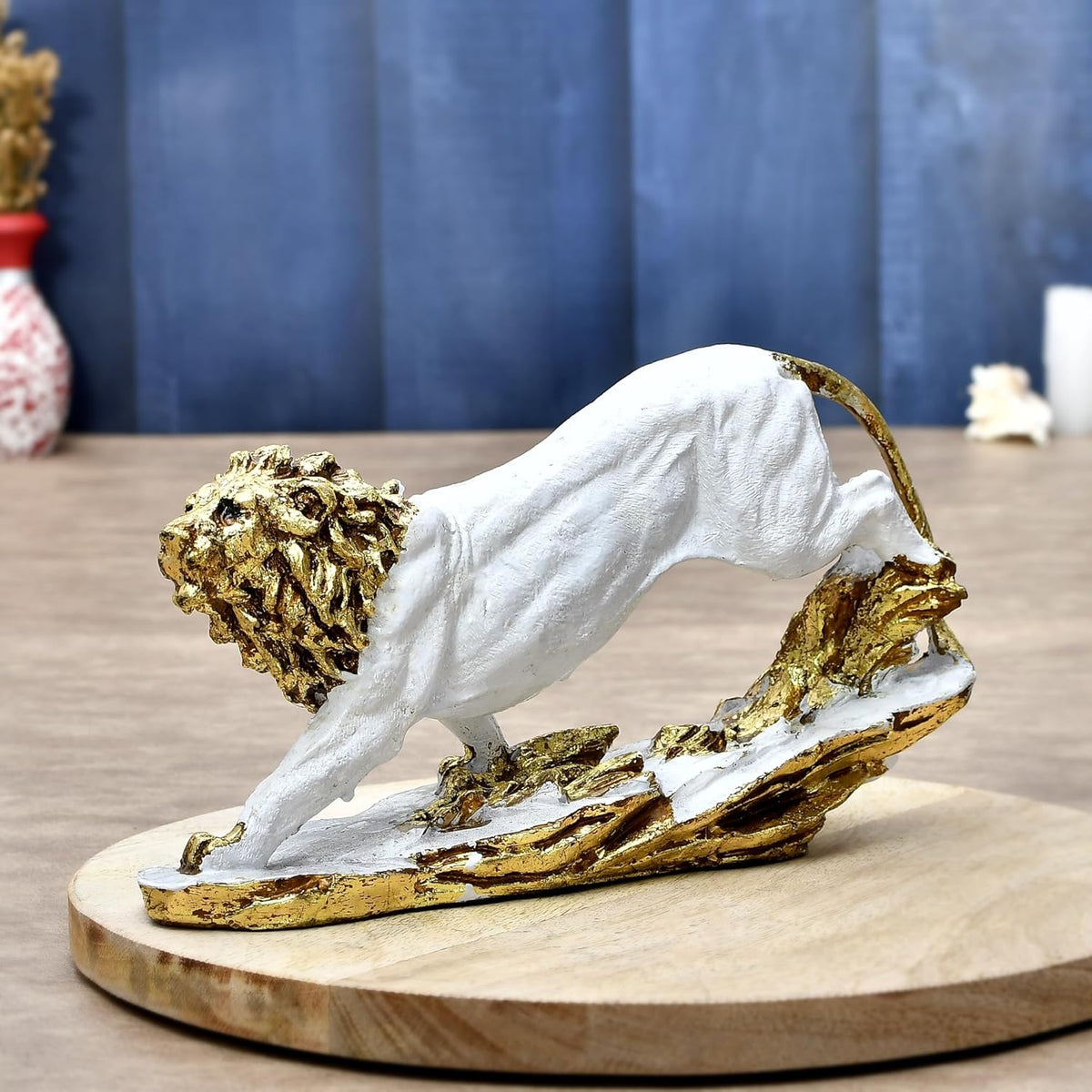 King Lion White Antique Finish Statue Sculpture for Home Decor Showpiece.