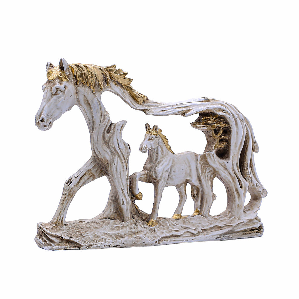 Handcrafted White Horse Family Showpiece for Home Dcor | Mother & Baby Horse Figurine in Antique Gold Accents | Polyresin Tabletop Decorative Statue for Living Room & Gift