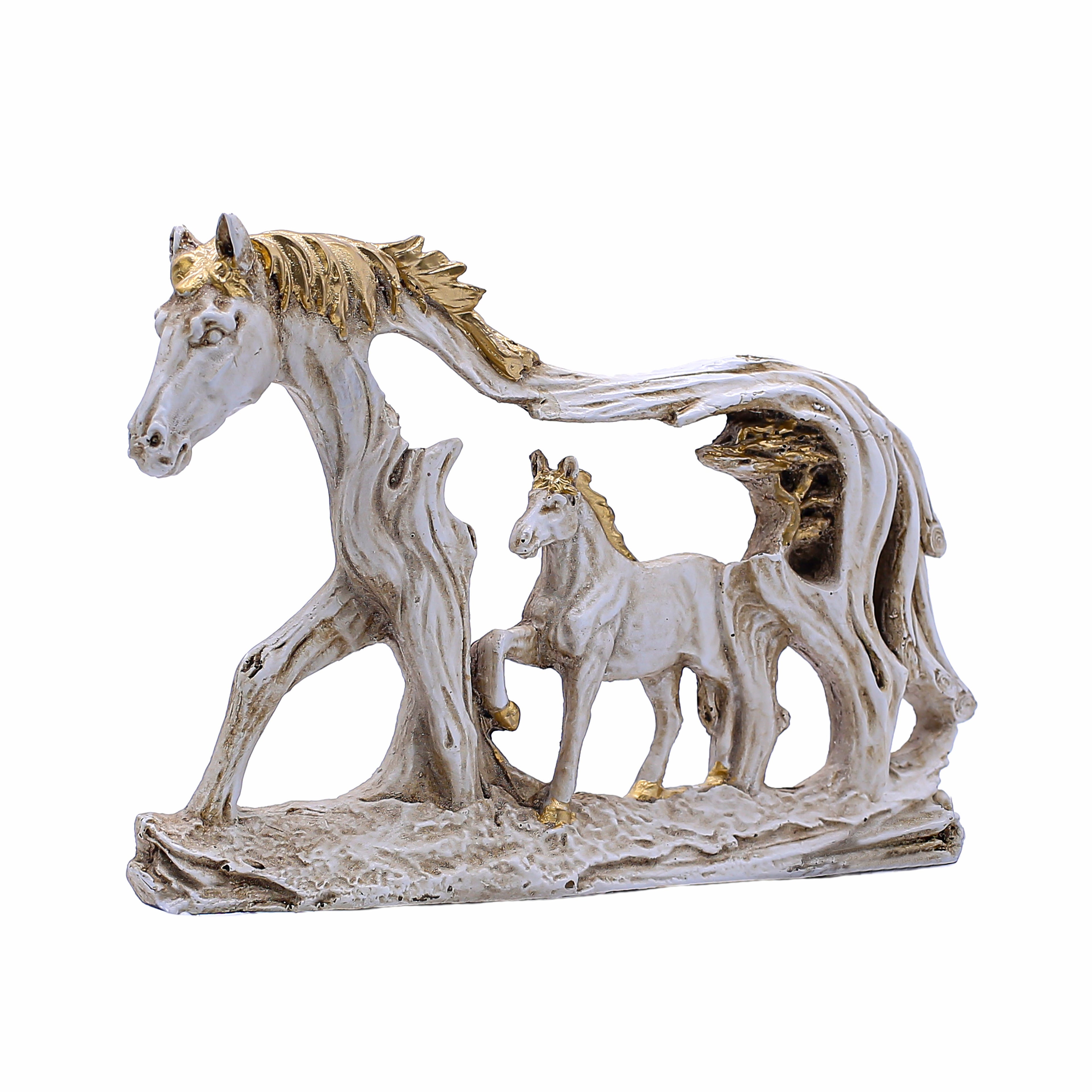 Handcrafted White Horse Family Showpiece for Home Dcor | Mother & Baby Horse Figurine in Antique Gold Accents | Polyresin Tabletop Decorative Statue for Living Room & Gift