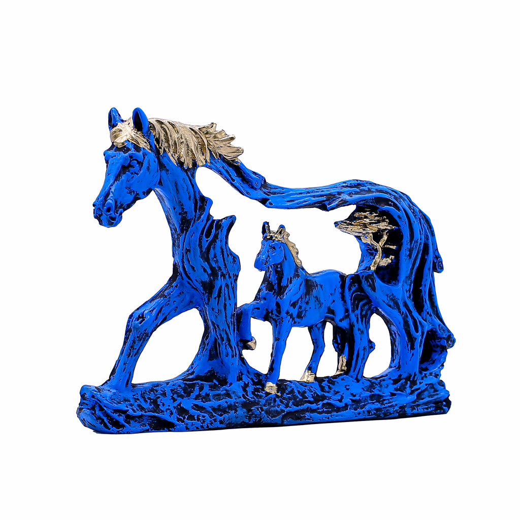 Handcrafted Blue Horse Family Showpiece for Home Dcor | Mother & Baby Horse Figurine in Antique Gold Accents | Polyresin Tabletop Decorative Statue for Living Room & Gift