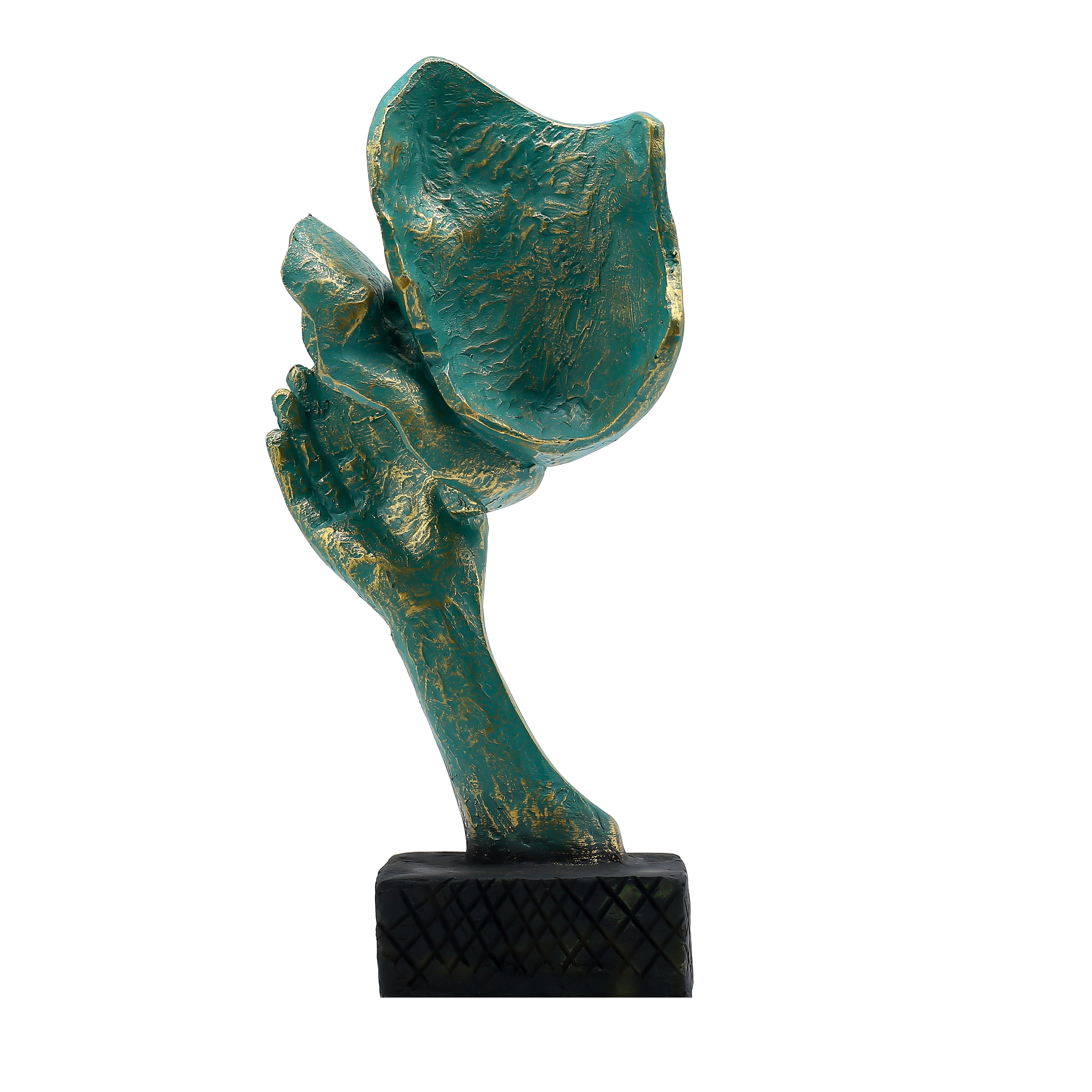 Abstract Art Face and Hand Sculpture | Teal Green & Gold Finish | Modern Polyresin Decorative Showpiece for Home Decor, Office Table, Living Room & Gifting