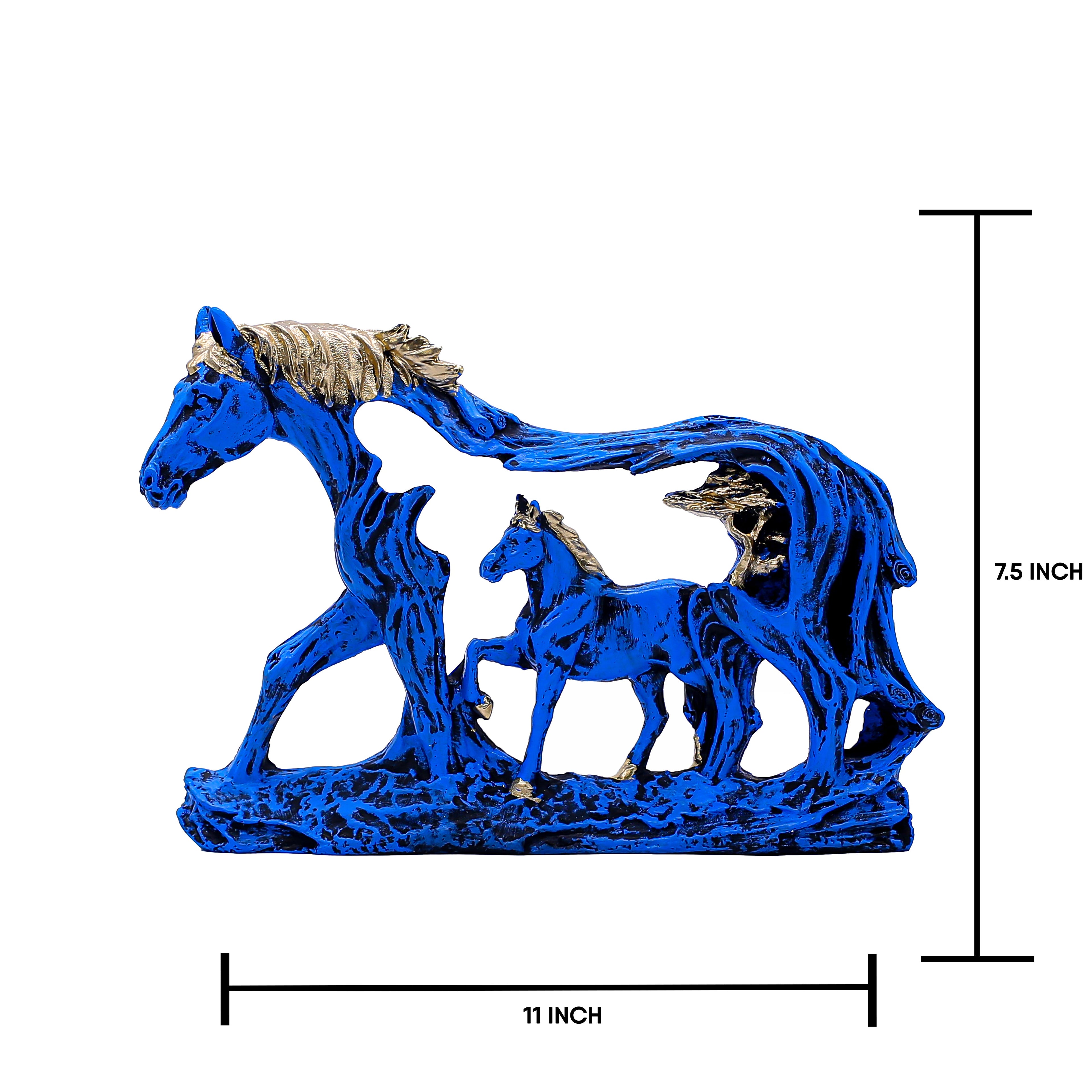 Handcrafted Blue Horse Family Showpiece for Home Dcor | Mother & Baby Horse Figurine in Antique Gold Accents | Polyresin Tabletop Decorative Statue for Living Room & Gift