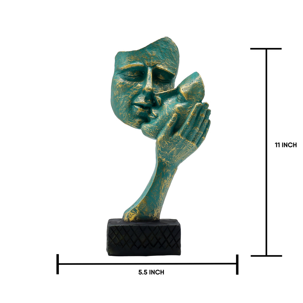 Abstract Art Face and Hand Sculpture | Teal Green & Gold Finish | Modern Polyresin Decorative Showpiece for Home Decor, Office Table, Living Room & Gifting