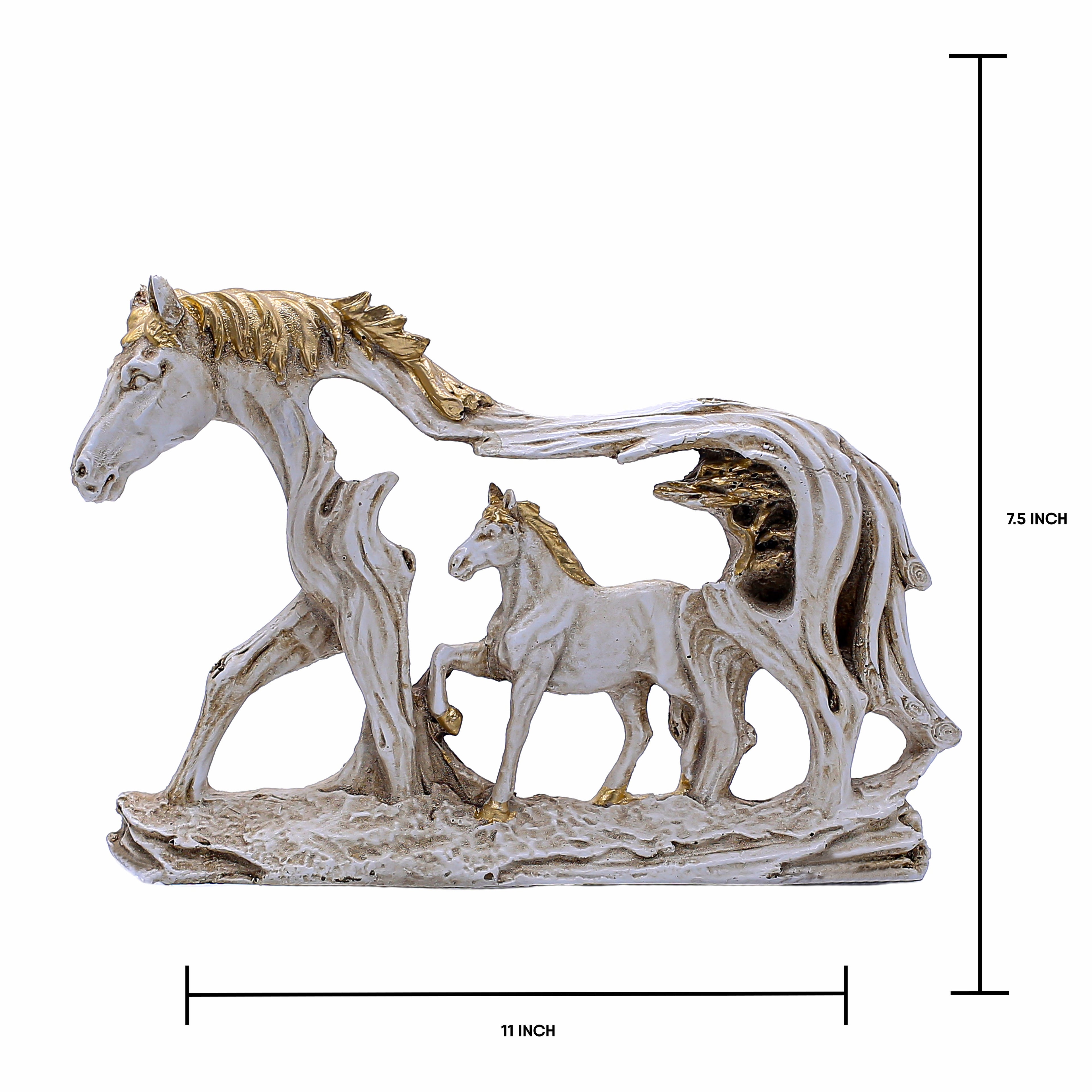 Handcrafted White Horse Family Showpiece for Home Dcor | Mother & Baby Horse Figurine in Antique Gold Accents | Polyresin Tabletop Decorative Statue for Living Room & Gift