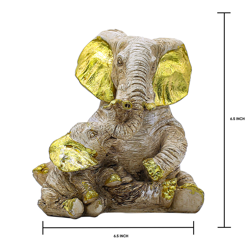 Handcrafted Elephant Mother & Baby Showpiece for Home Dcor | Antique White & Gold Finish Polyresin Figurine | Lucky Elephant Decorative Statue for Living Room, Office & Gif