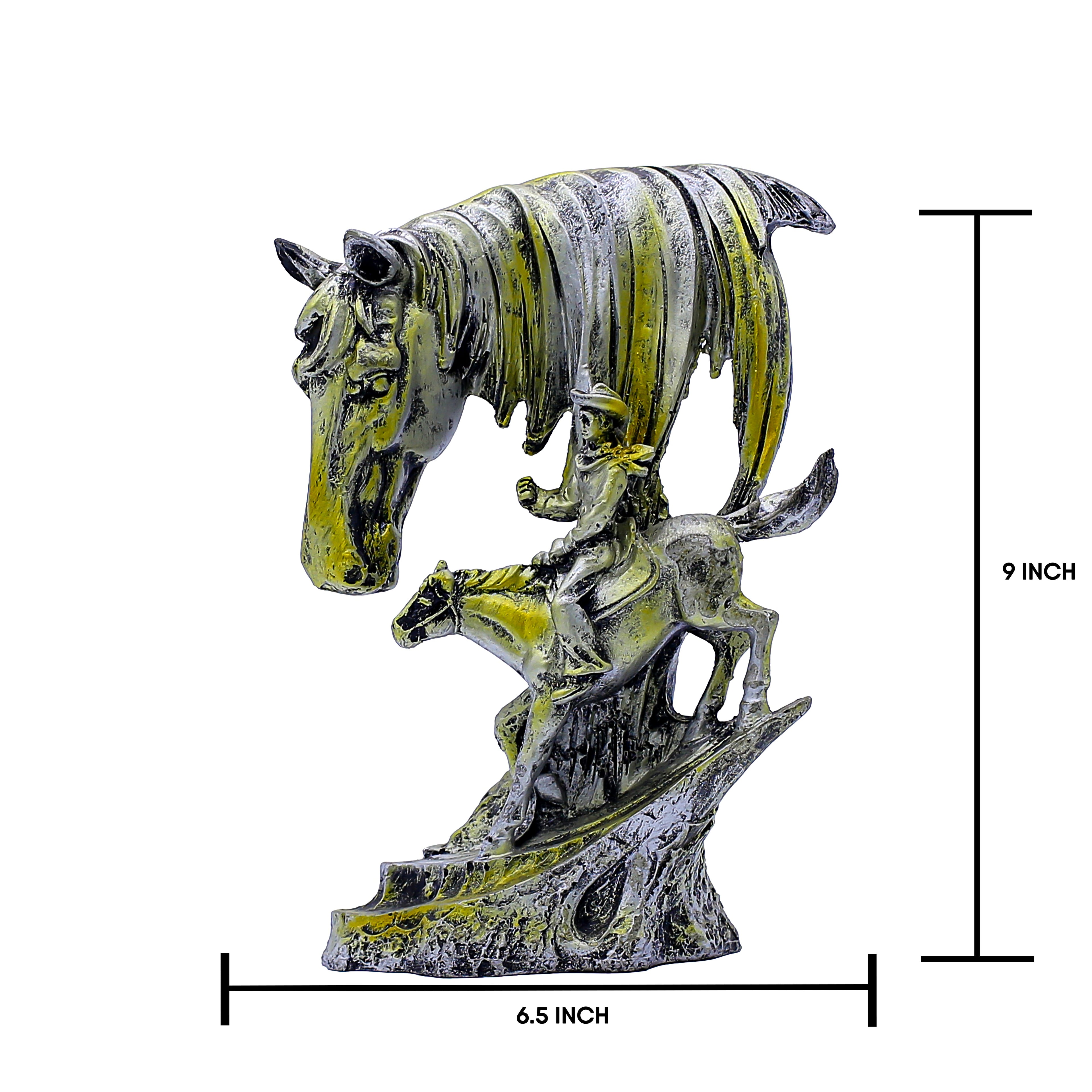 Handcrafted Horse Head Rider Showpiece for Home Dcor | Antique Gold & Silver Finish Polyresin Sculpture | Tabletop Decorative Figurine for Living Room & Gift
