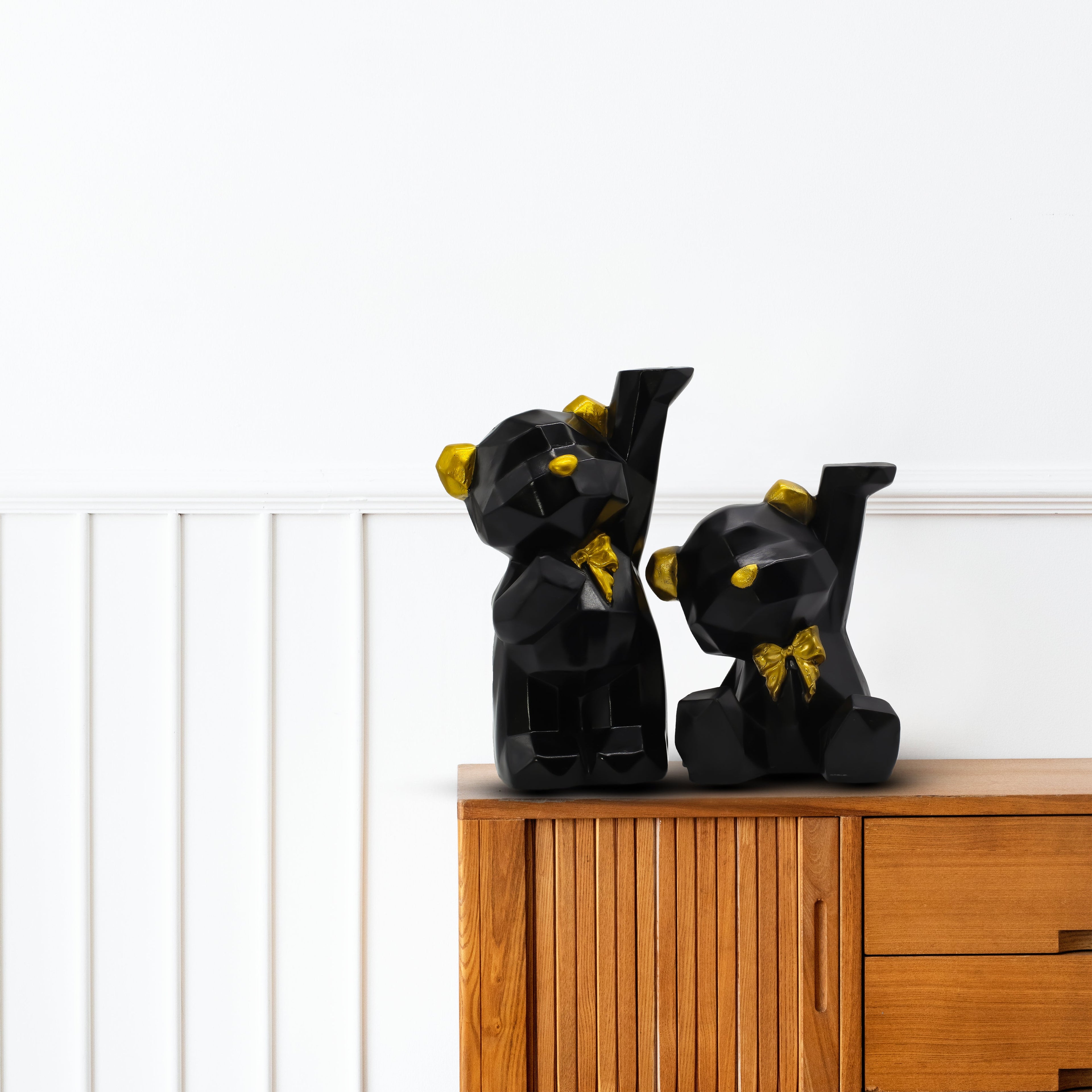 Modern Geometric Black and Gold Bear Figurines ? Set of 2 Faceted Resin Bear Statues, Nordic Style Origami Animal Sculptures for Home Decor, Bookshelf, Office, or Living Room Accents