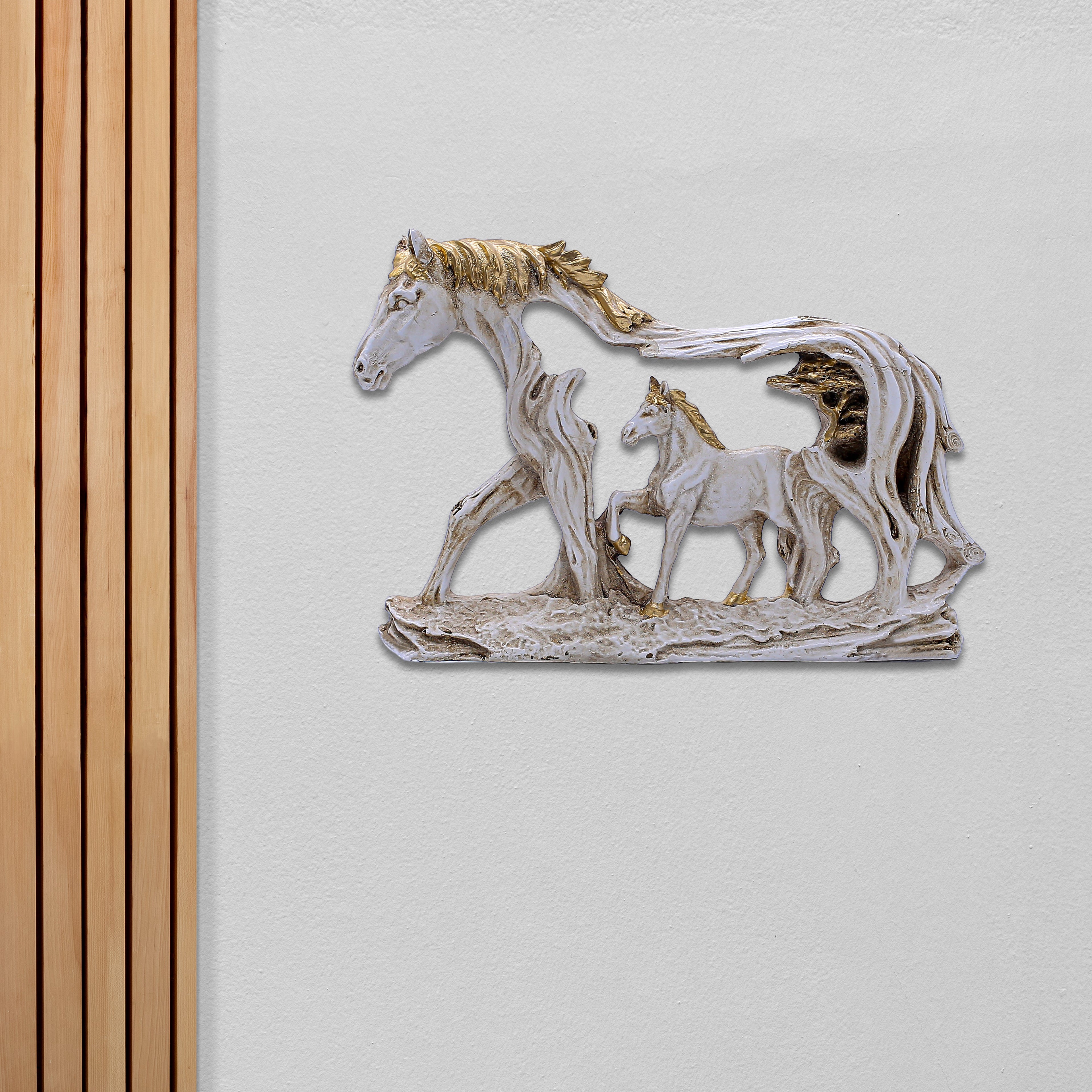 Handcrafted White Horse Family Showpiece for Home Dcor | Mother & Baby Horse Figurine in Antique Gold Accents | Polyresin Tabletop Decorative Statue for Living Room & Gift