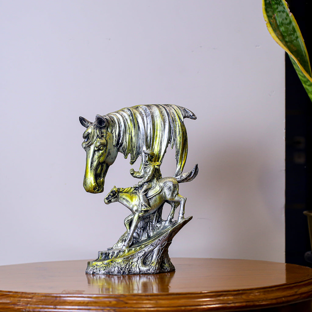 Handcrafted Horse Head Rider Showpiece for Home Dcor | Antique Gold & Silver Finish Polyresin Sculpture | Tabletop Decorative Figurine for Living Room & Gift
