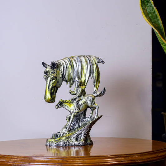 Handcrafted Horse Head Rider Showpiece for Home Dcor | Antique Gold & Silver Finish Polyresin Sculpture | Tabletop Decorative Figurine for Living Room & Gift
