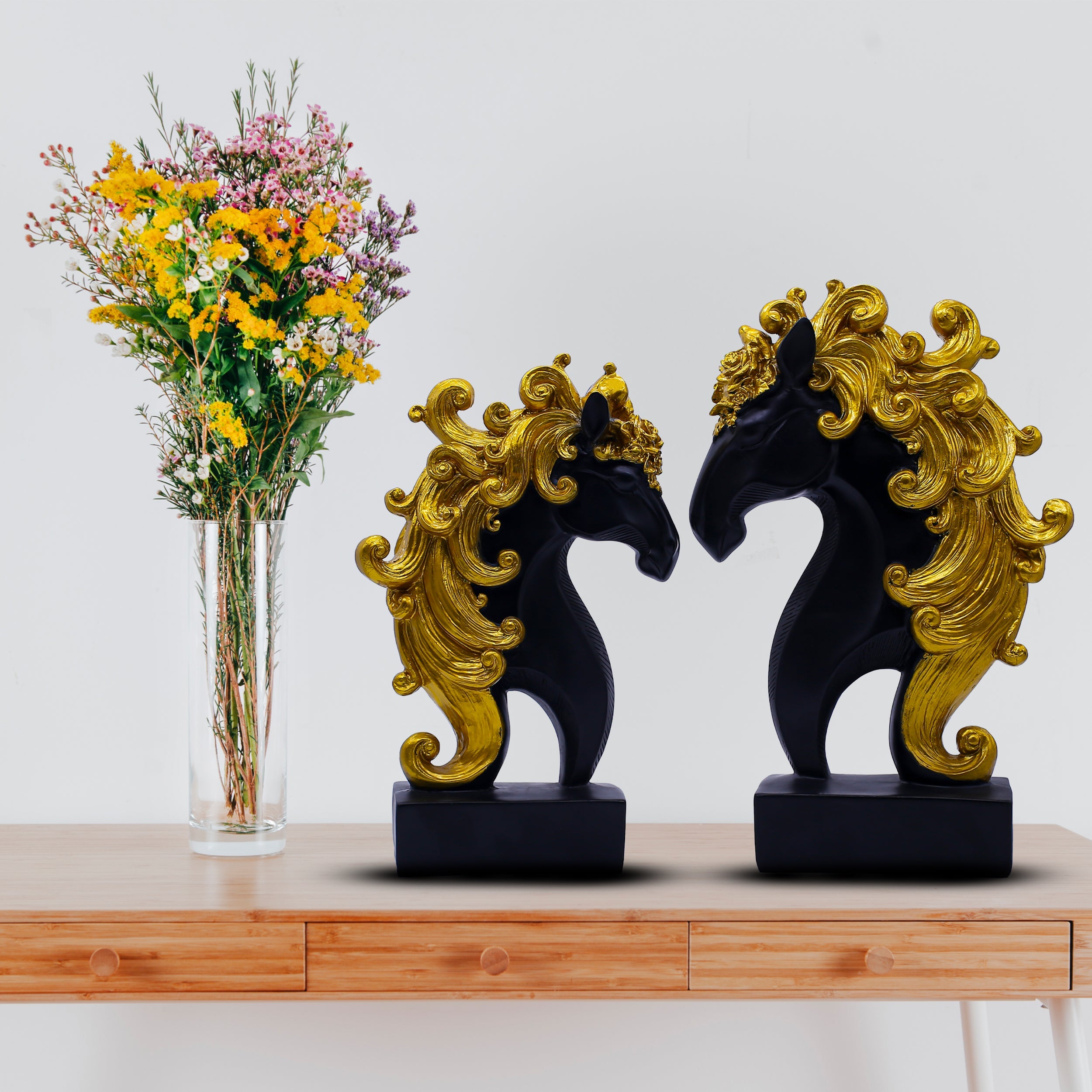 Luxury Black & Gold Horse Head Showpiece Set of 2 for Home Dcor | Royal Polyresin Horse Figurines | Tabletop Decorative Statues for Living Room, Office & Premium Gift