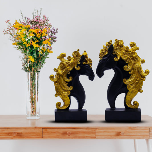 Luxury Black & Gold Horse Head Showpiece Set of 2 for Home Dcor | Royal Polyresin Horse Figurines | Tabletop Decorative Statues for Living Room, Office & Premium Gift
