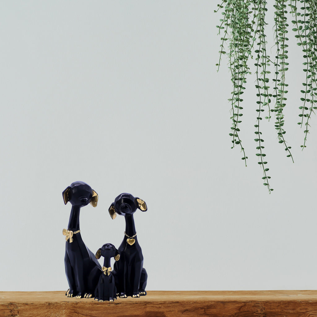 Elegant Black Dog Family Showpiece for Home Dcor | Modern Polyresin Dog Figurine Set with Gold Accents | Tabletop Decorative Statue for Living Room, O