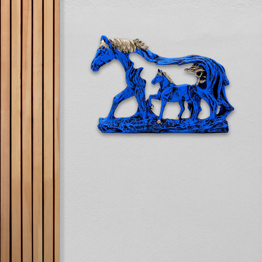 Handcrafted Blue Horse Family Showpiece for Home Dcor | Mother & Baby Horse Figurine in Antique Gold Accents | Polyresin Tabletop Decorative Statue for Living Room & Gift