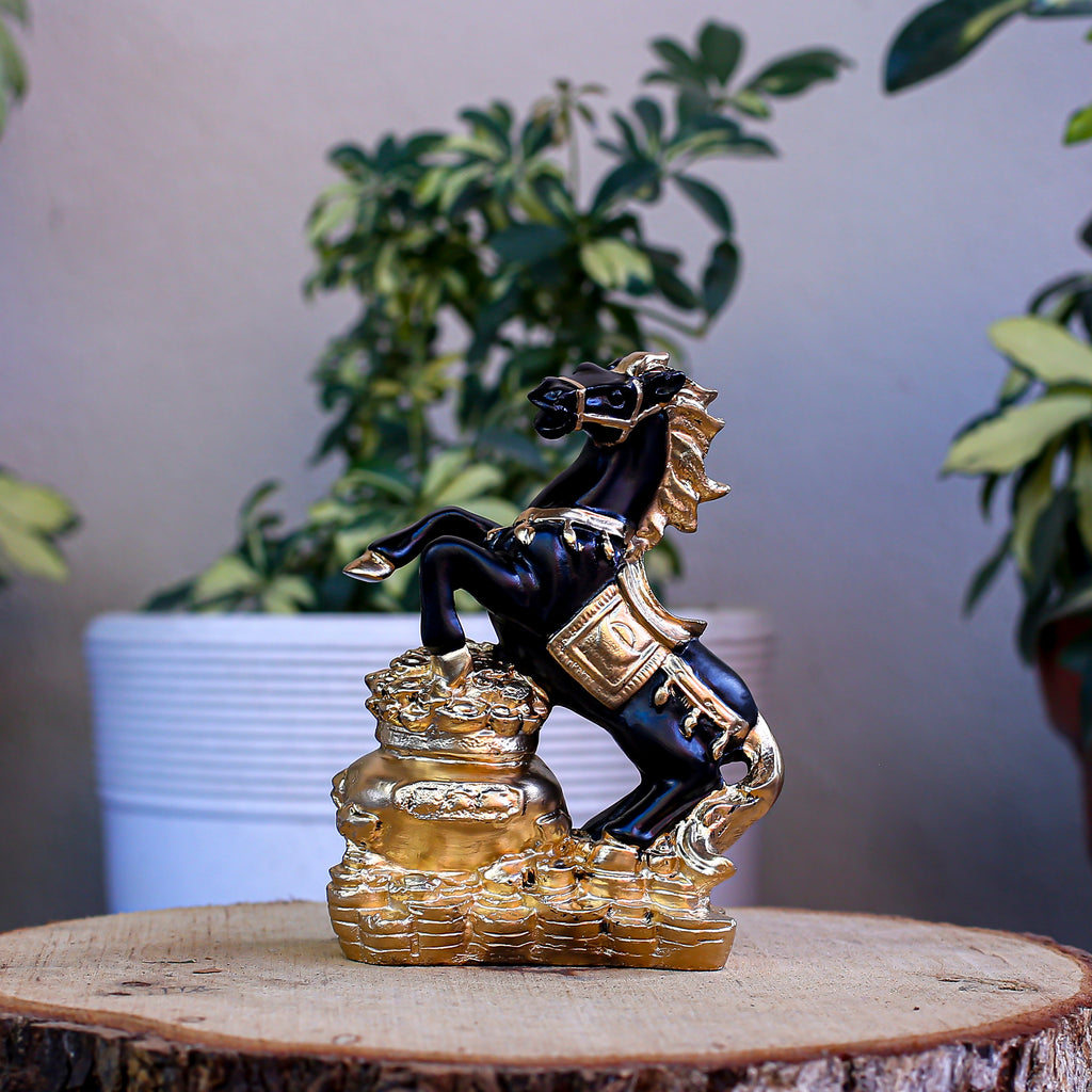 Feng Shui Black and Gold Horse Statue ? Wealth Success Galloping Horse Figurine on Treasure Pot, Decorative Stallion Sculpture for Home Office Desk or Business Prosperity Gift