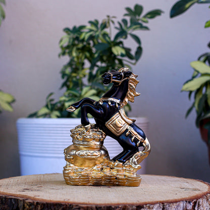 Feng Shui Black and Gold Horse Statue ? Wealth Success Galloping Horse Figurine on Treasure Pot, Decorative Stallion Sculpture for Home Office Desk or Business Prosperity Gift
