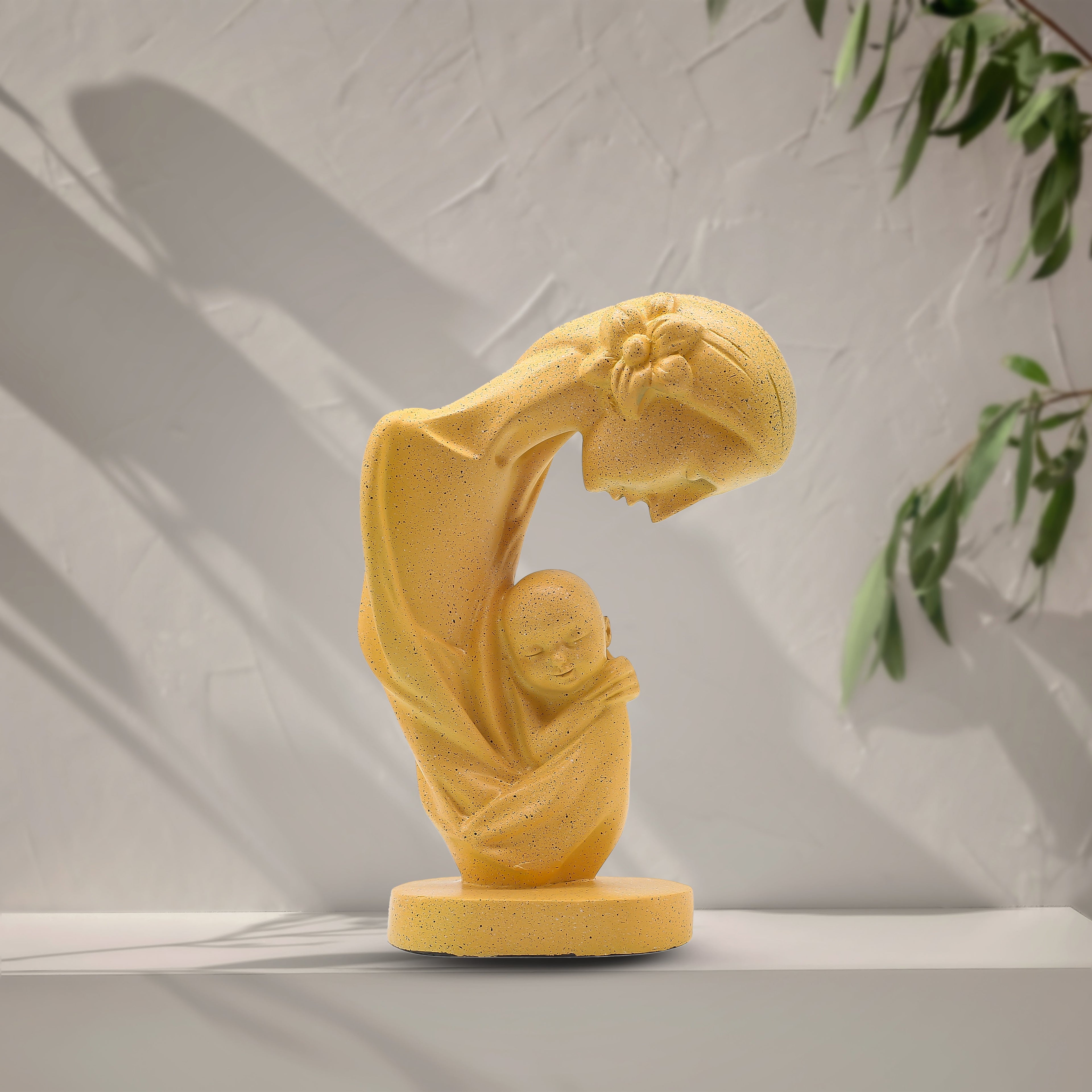 Divine Mother and Child Sculpture | Loving Embrace Showpiece | Yellow Polyresin Figurine for Home Decor, Baby Room & Mother's Day Gifting