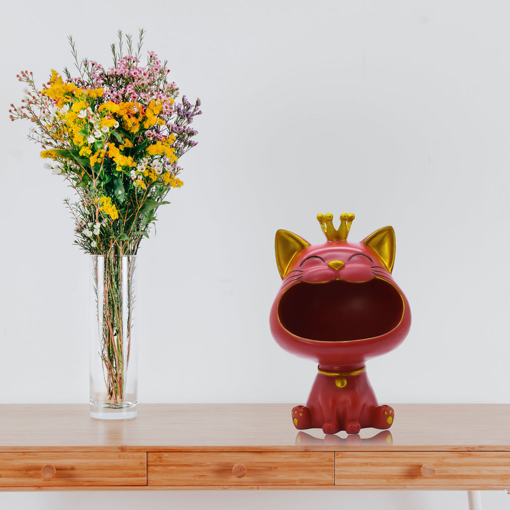 Elegant Red Big Mouth Cat Showpiece for Home Dcor | Modern Polyresin Dog Figurine Set with Gold Accents | Tabletop Decorative Statue for Living Room, O