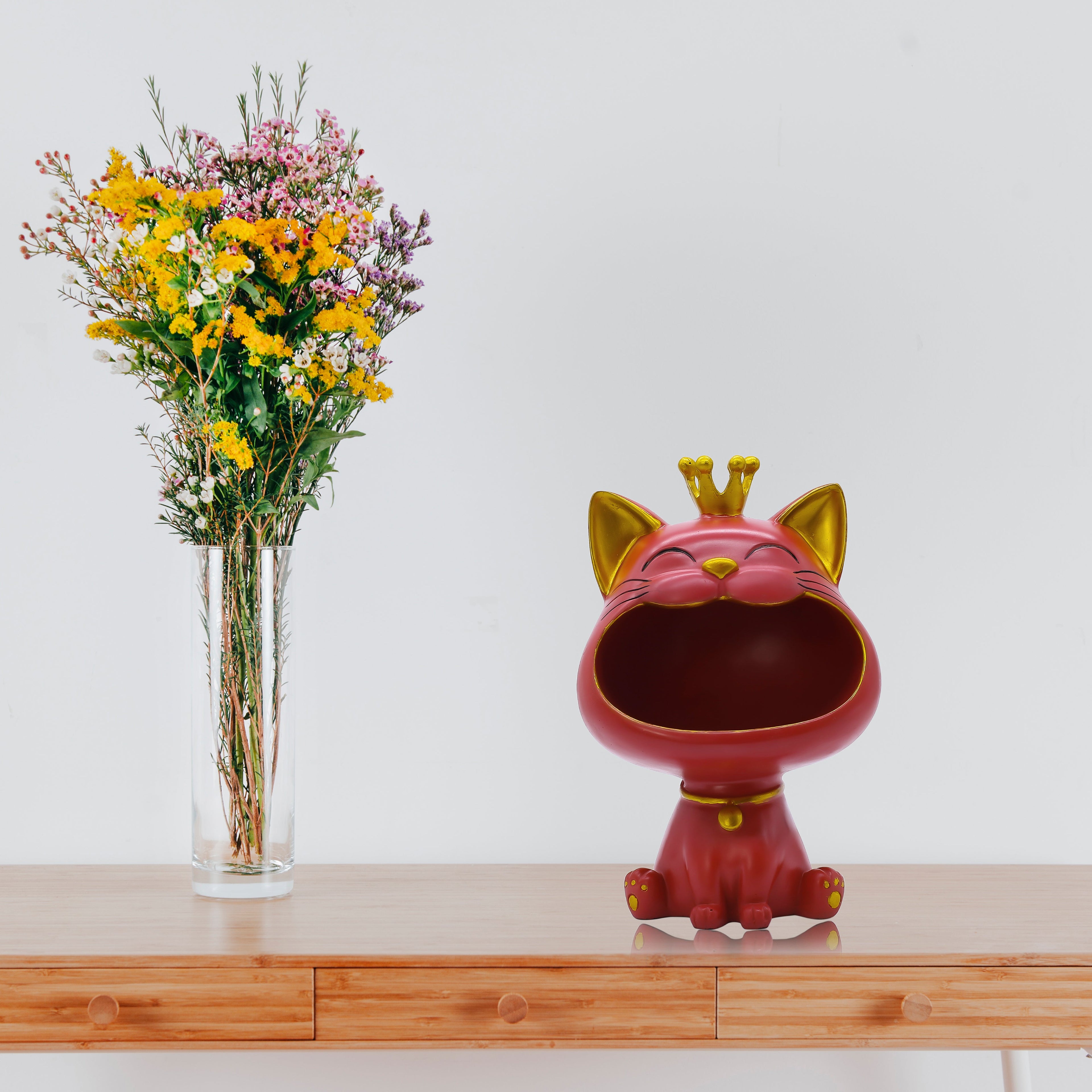 Elegant Red Big Mouth Cat Showpiece for Home Dcor | Modern Polyresin Dog Figurine Set with Gold Accents | Tabletop Decorative Statue for Living Room, O