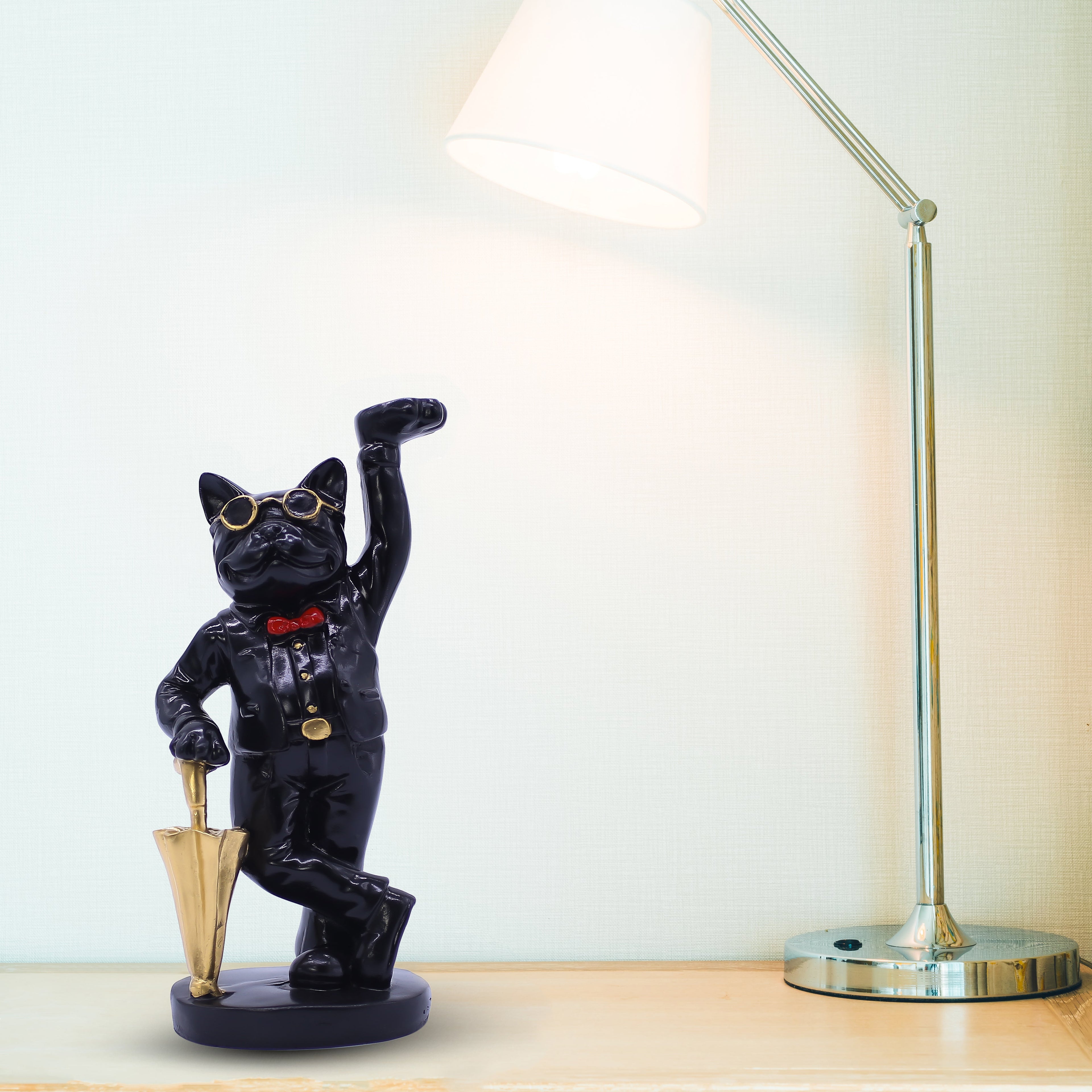 French Bulldog Gentleman Figurine - Decorative Black Dog Statue with Tray & Umbrella for Home Decor, Living Room, Office Desk & Gifting - 10-Inch Handcrafted Resin Art