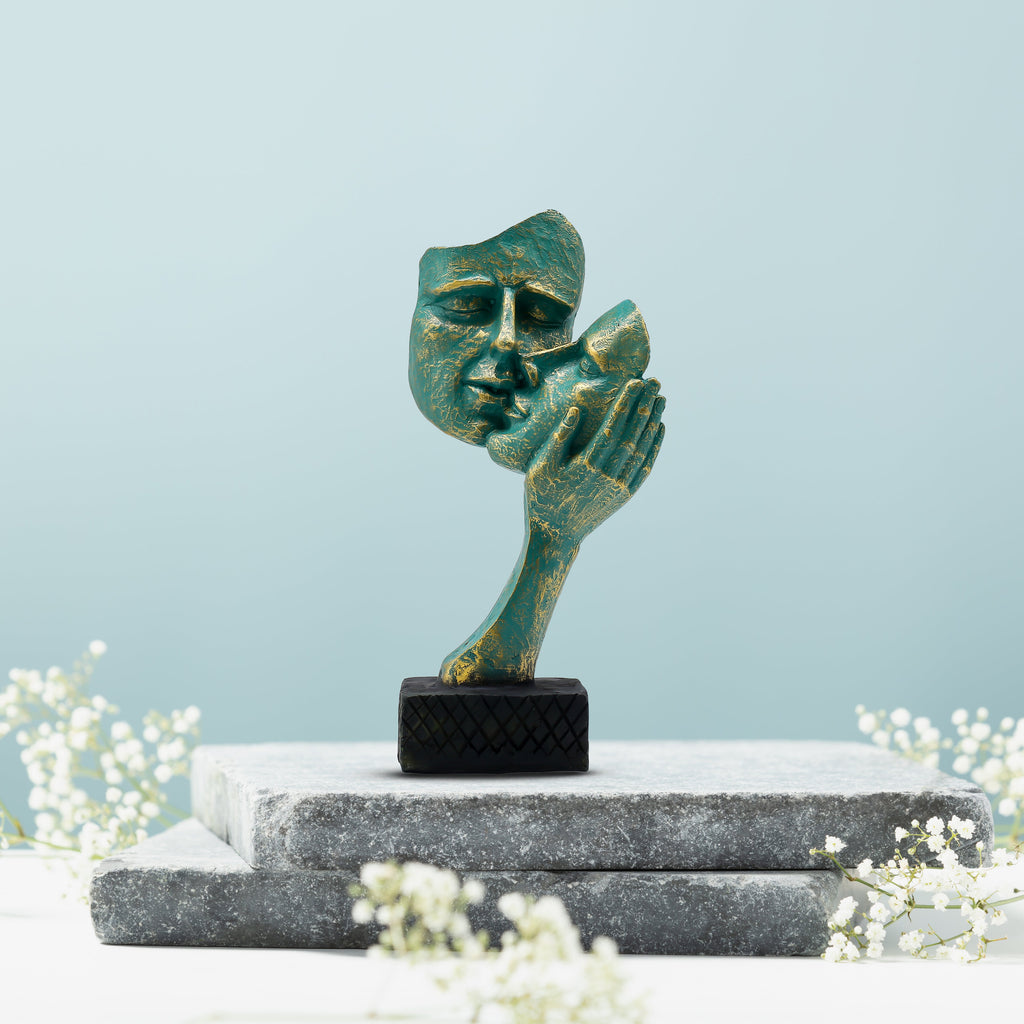 Abstract Art Face and Hand Sculpture | Teal Green & Gold Finish | Modern Polyresin Decorative Showpiece for Home Decor, Office Table, Living Room & Gifting
