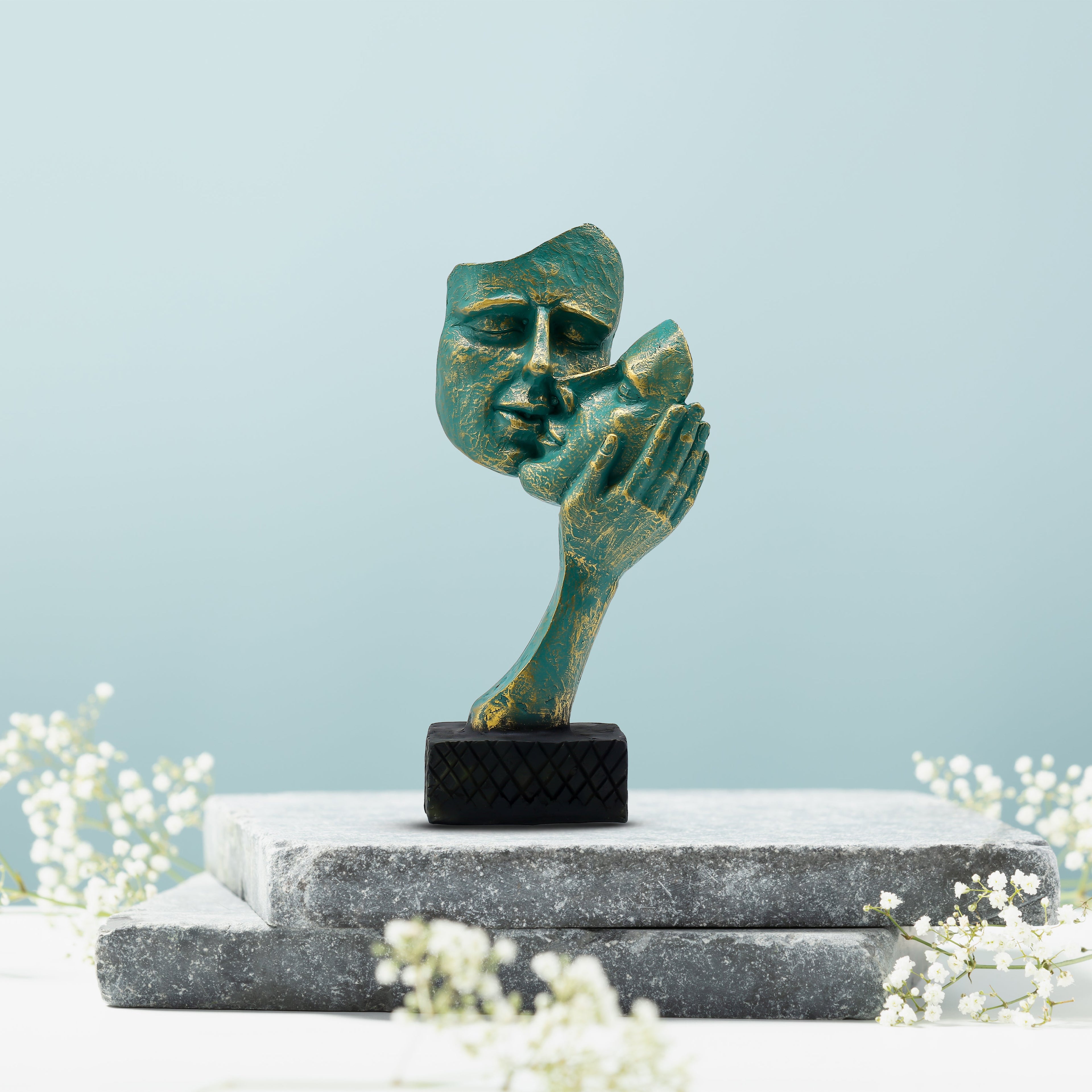 Abstract Art Face and Hand Sculpture | Teal Green & Gold Finish | Modern Polyresin Decorative Showpiece for Home Decor, Office Table, Living Room & Gifting