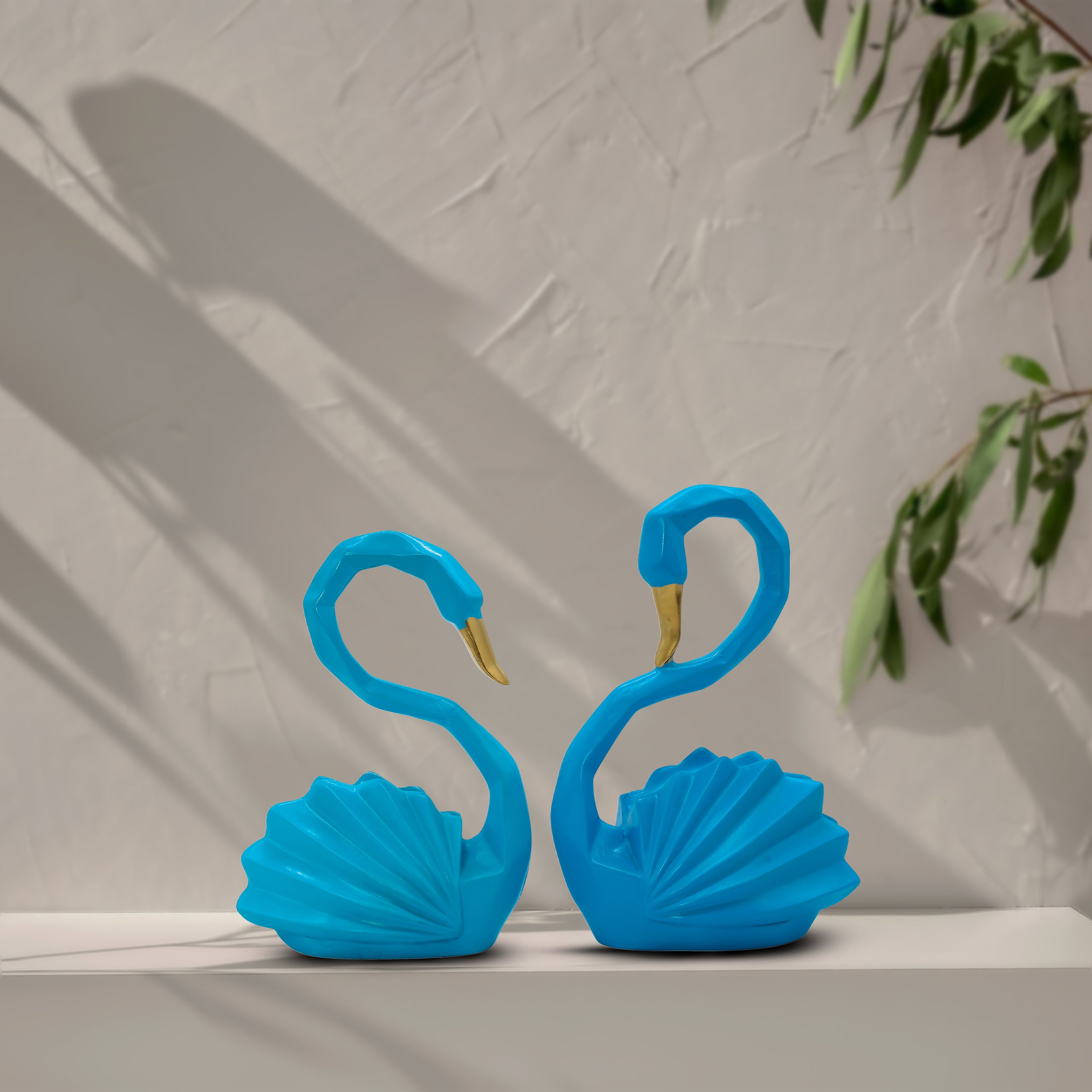 Modern Geometric Blue Swan Figurines ? Set of 2 Faceted Resin Swan Statues with Gold Beaks, Nordic Style Animal Sculpture for Wedding Gift, Anniversary, Bedroom, or Living Room Decoration