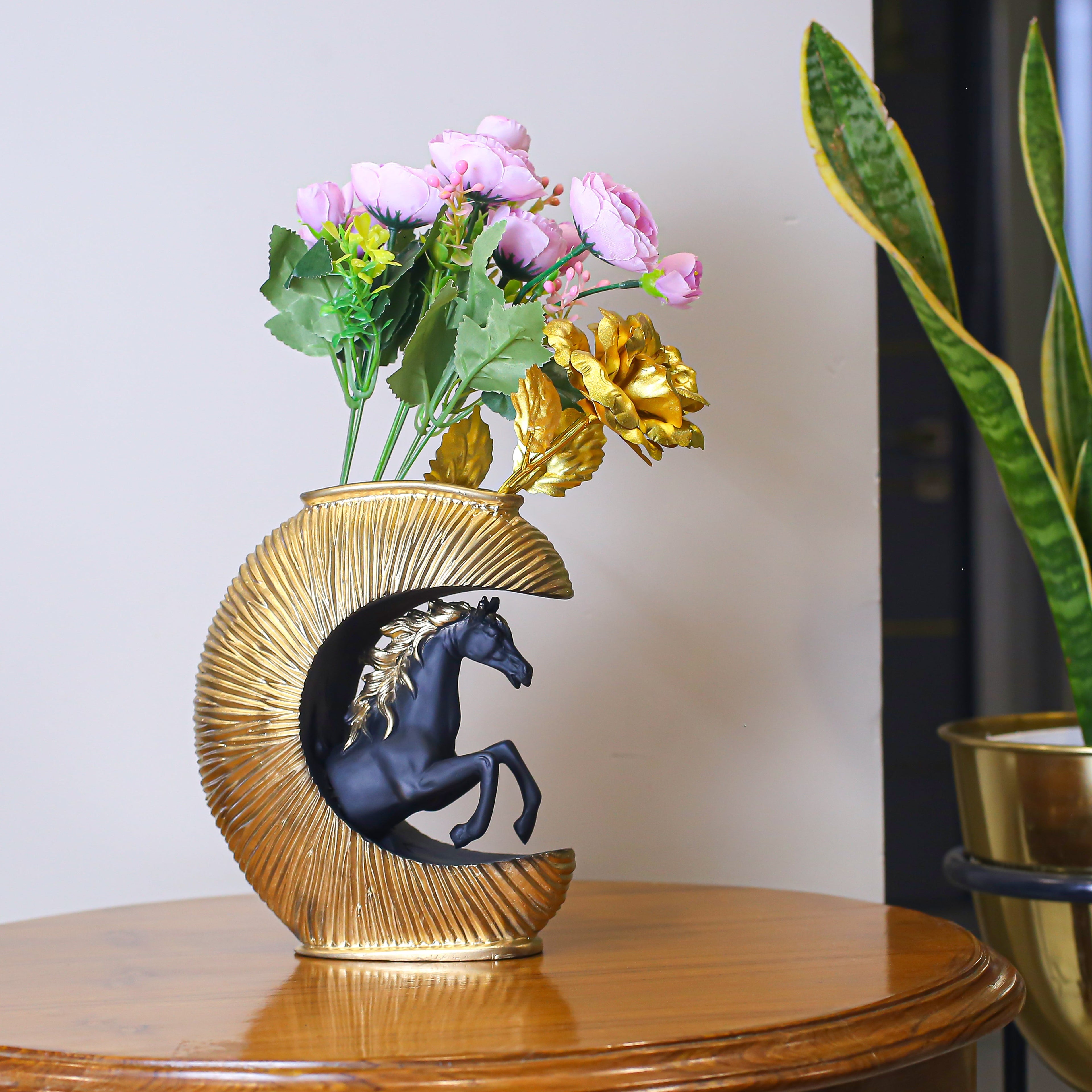 Feng Shui Black &Gold Horse Statue, Wealth Success Galloping Horse Figurine on Treasure Pot, Decorative Stallion Sculpture for Home Office Desk or Business Prosperity Gift