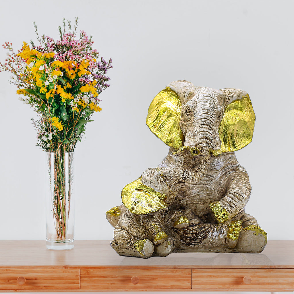Handcrafted Elephant Mother & Baby Showpiece for Home Dcor | Antique White & Gold Finish Polyresin Figurine | Lucky Elephant Decorative Statue for Living Room, Office & Gif