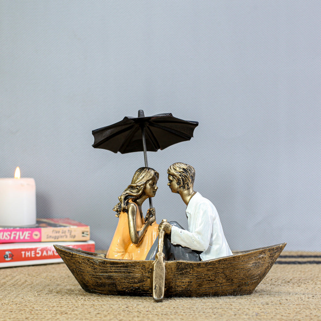Romantic Boat-LadyYellow Couple Showpiece for Home Dcor | Handicrafted Polyresin Love Statue Gift for Anniversary, Wedding & Housewarming