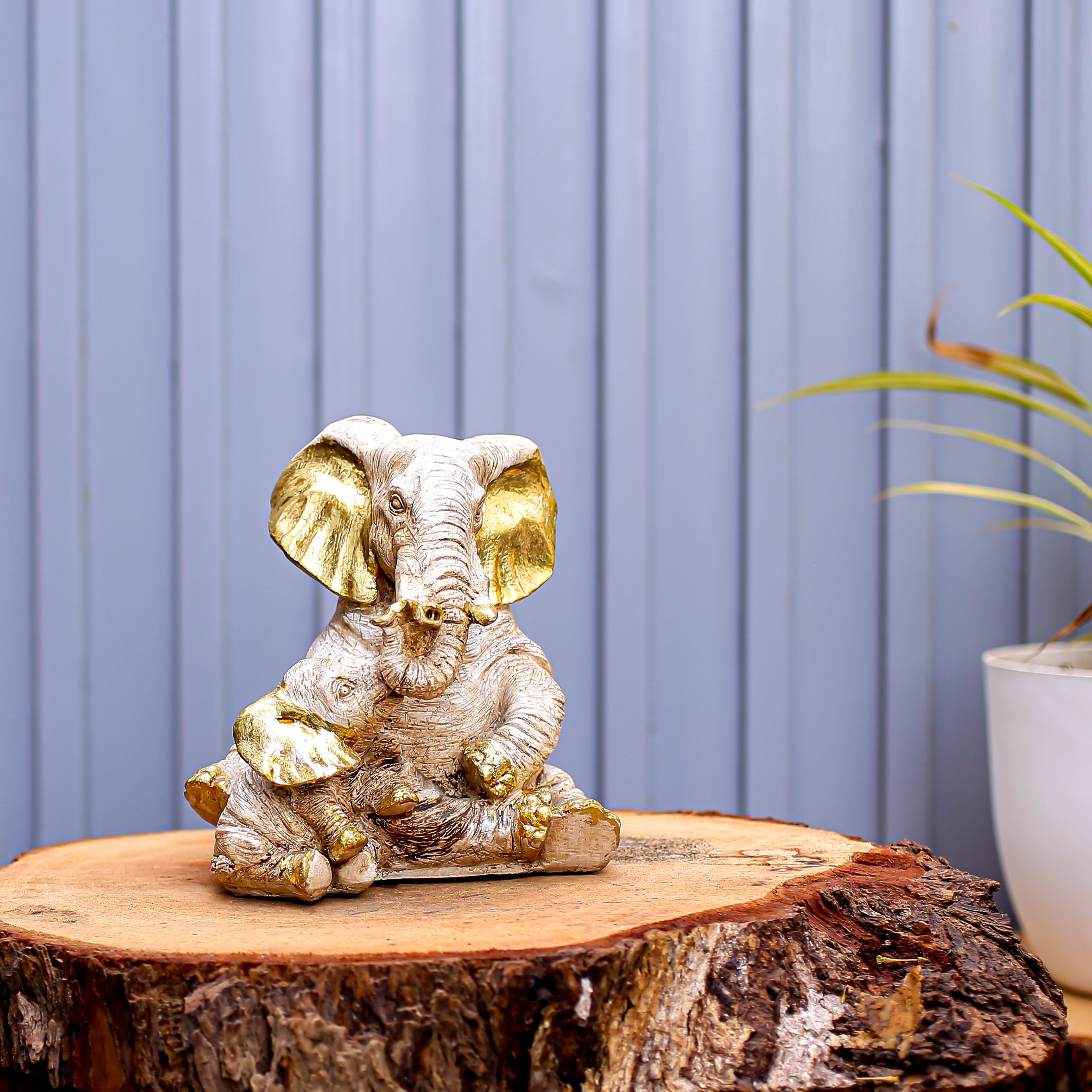 Handcrafted Elephant Mother & Baby Showpiece for Home Dcor | Antique White & Gold Finish Polyresin Figurine | Lucky Elephant Decorative Statue for Living Room, Office & Gif