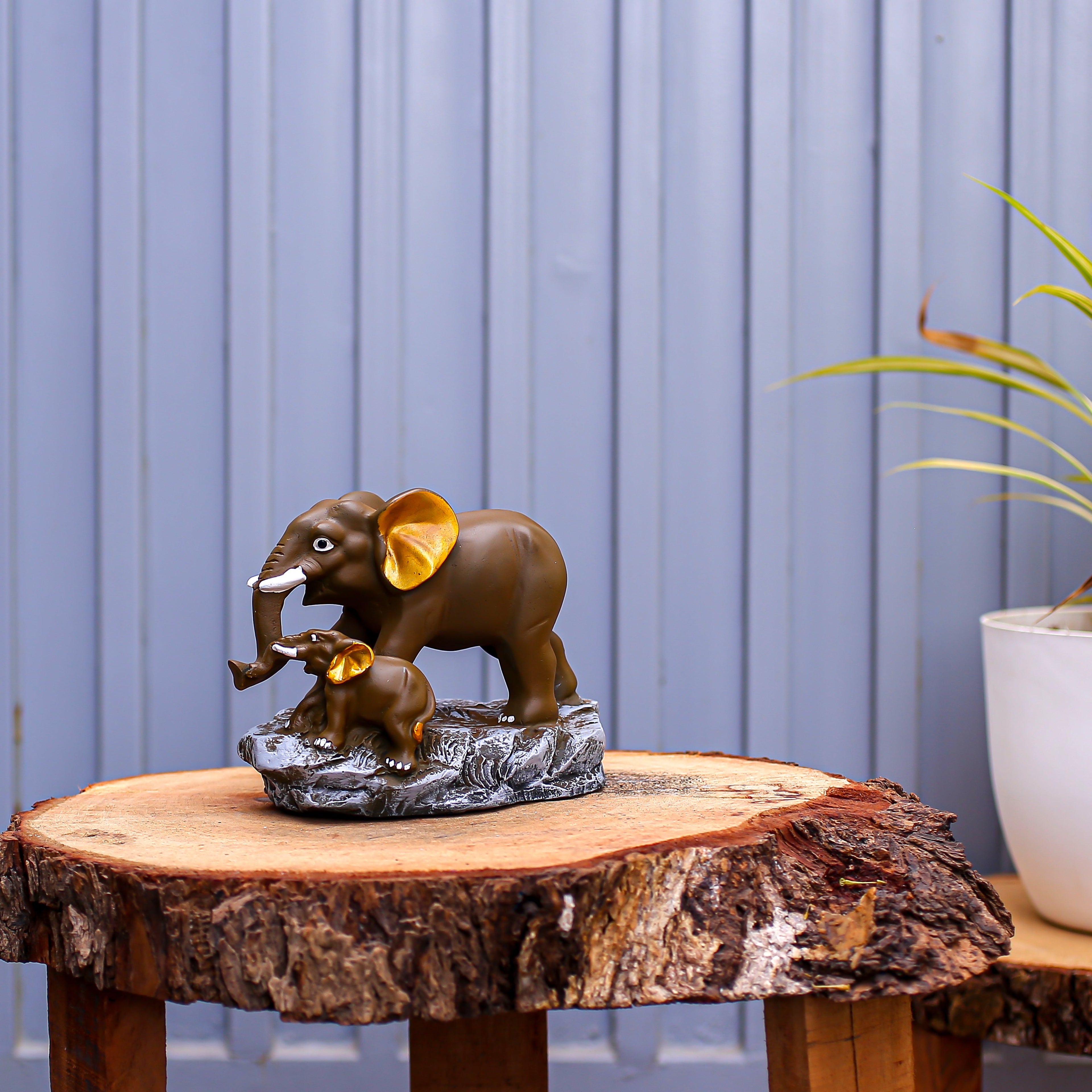 Elephant Mother & Baby Showpiece for Home Dcor | Brown & Gold Finish Polyresin Lucky Elephant Figurine | Tabletop Decorative Statue for Living Room, Of
