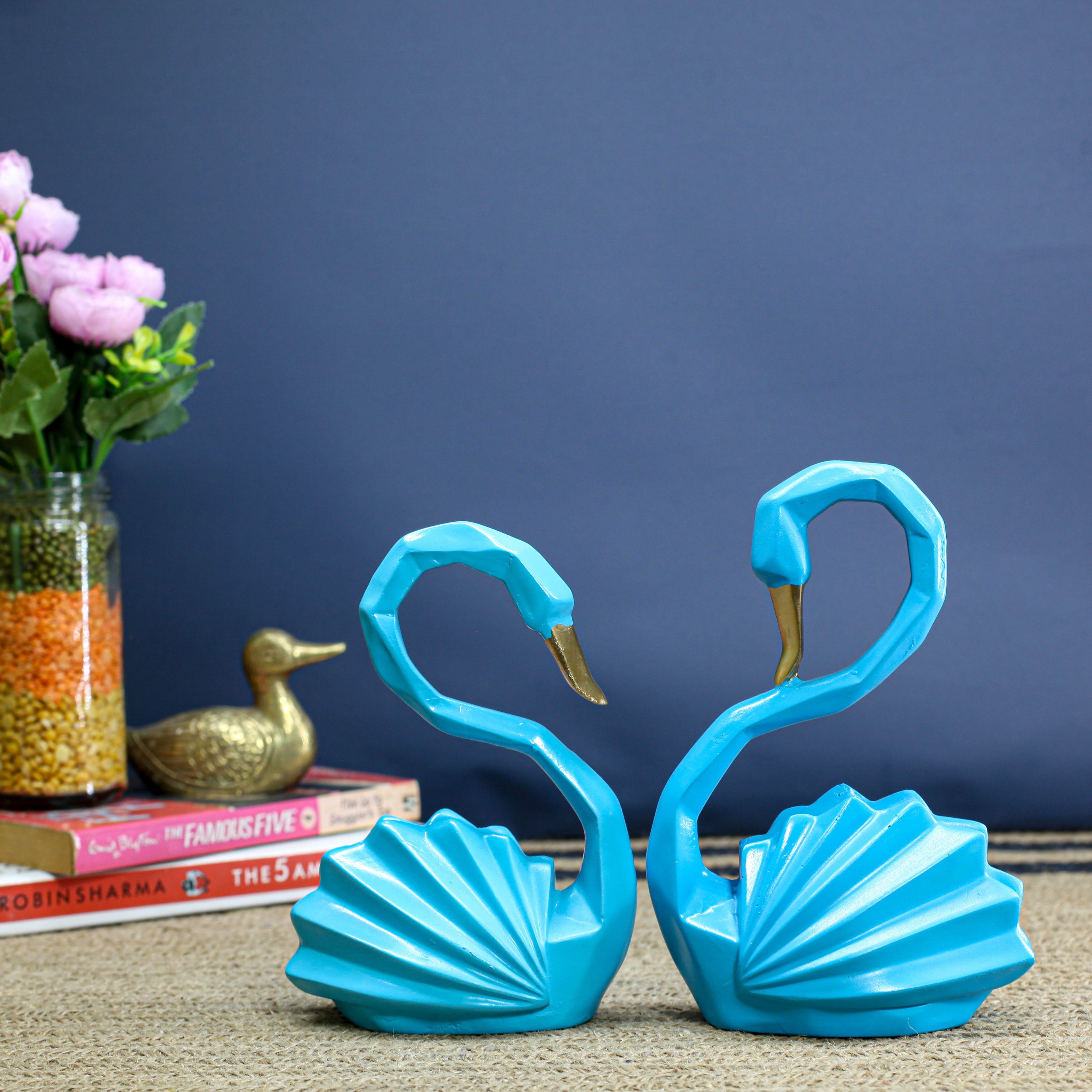 Modern Geometric Blue Swan Figurines ? Set of 2 Faceted Resin Swan Statues with Gold Beaks, Nordic Style Animal Sculpture for Wedding Gift, Anniversary, Bedroom, or Living Room Decoration
