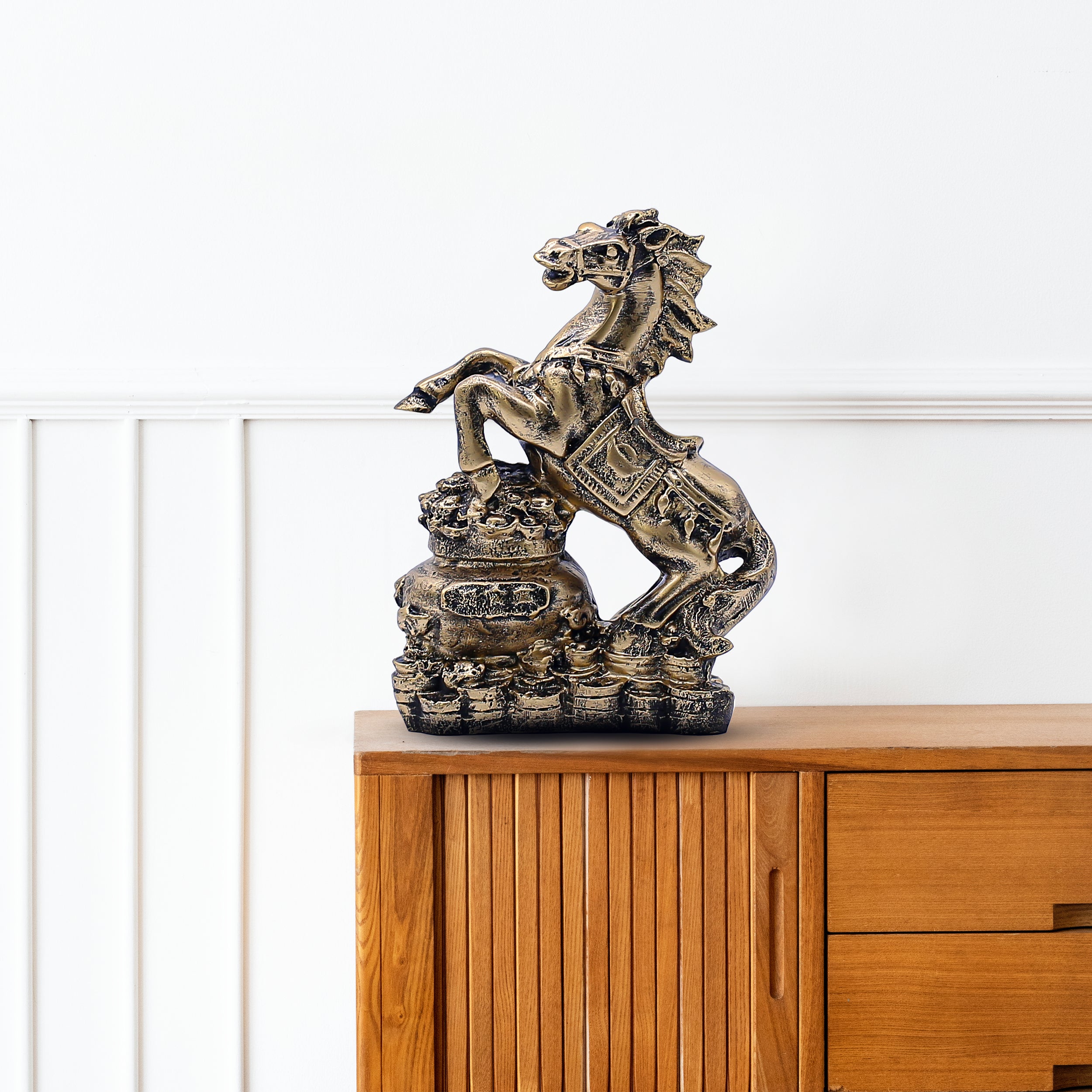 Feng Shui Gold Horse Statue ? Wealth Success Galloping Horse Figurine on Treasure Pot, Decorative Stallion Sculpture for Home Office Desk or Business Prosperity Gift