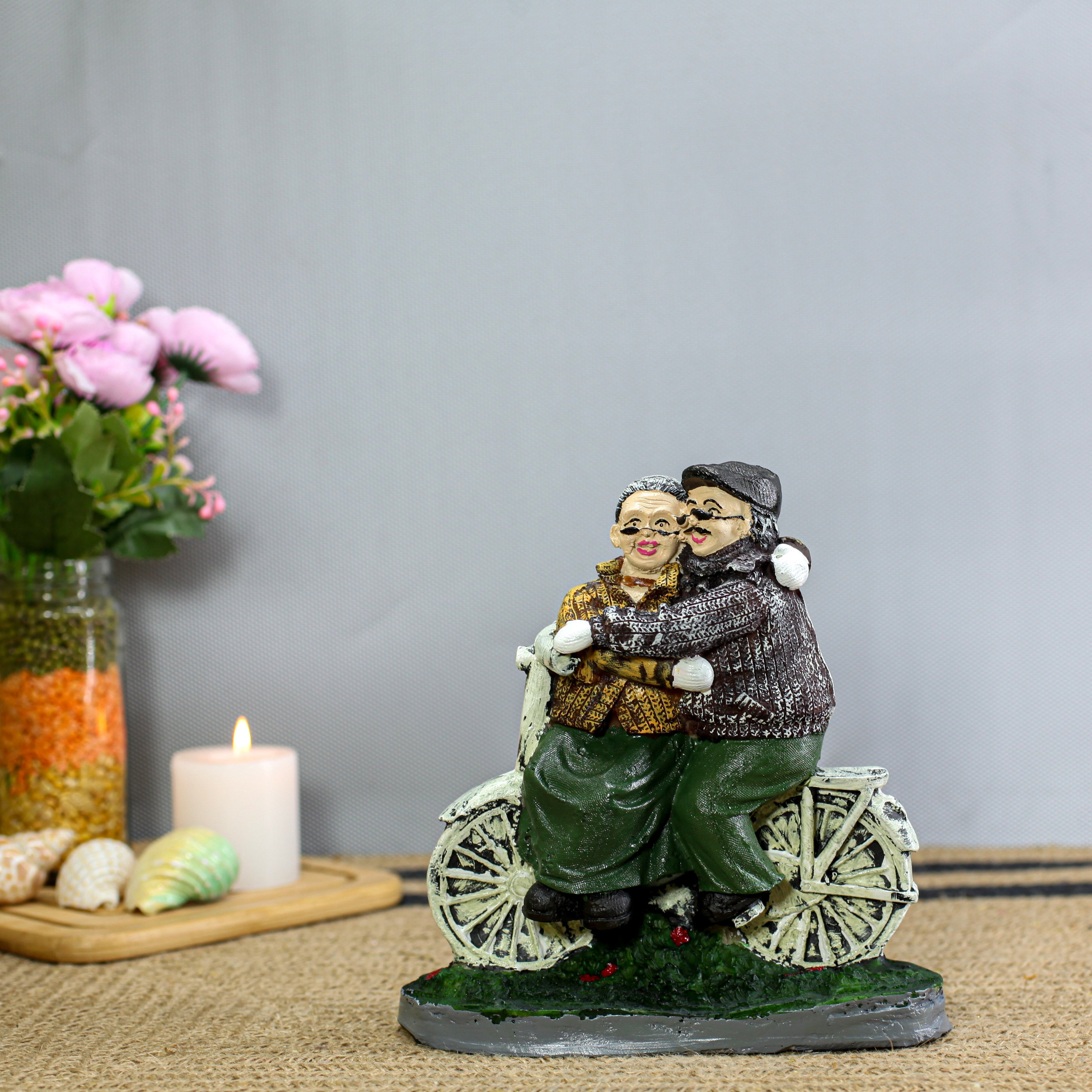 Romantic Elderly Couple Bicycle Showpiece | Handcrafted Resin Love Figurine for Home Decor | Anniversary Gift, Living Room & Bedroom Decorative Statue