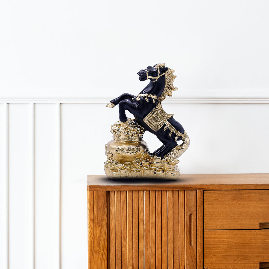 Feng Shui Black and Gold Horse Statue ? Wealth Success Galloping Horse Figurine on Treasure Pot, Decorative Stallion Sculpture for Home Office Desk or Business Prosperity Gift