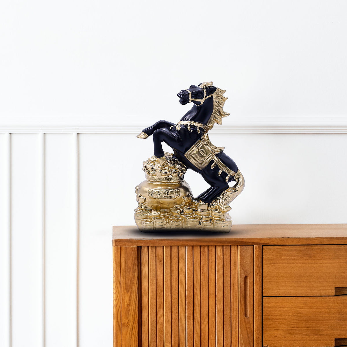 Feng Shui Black and Gold Horse Statue ? Wealth Success Galloping Horse Figurine on Treasure Pot, Decorative Stallion Sculpture for Home Office Desk or Business Prosperity Gift