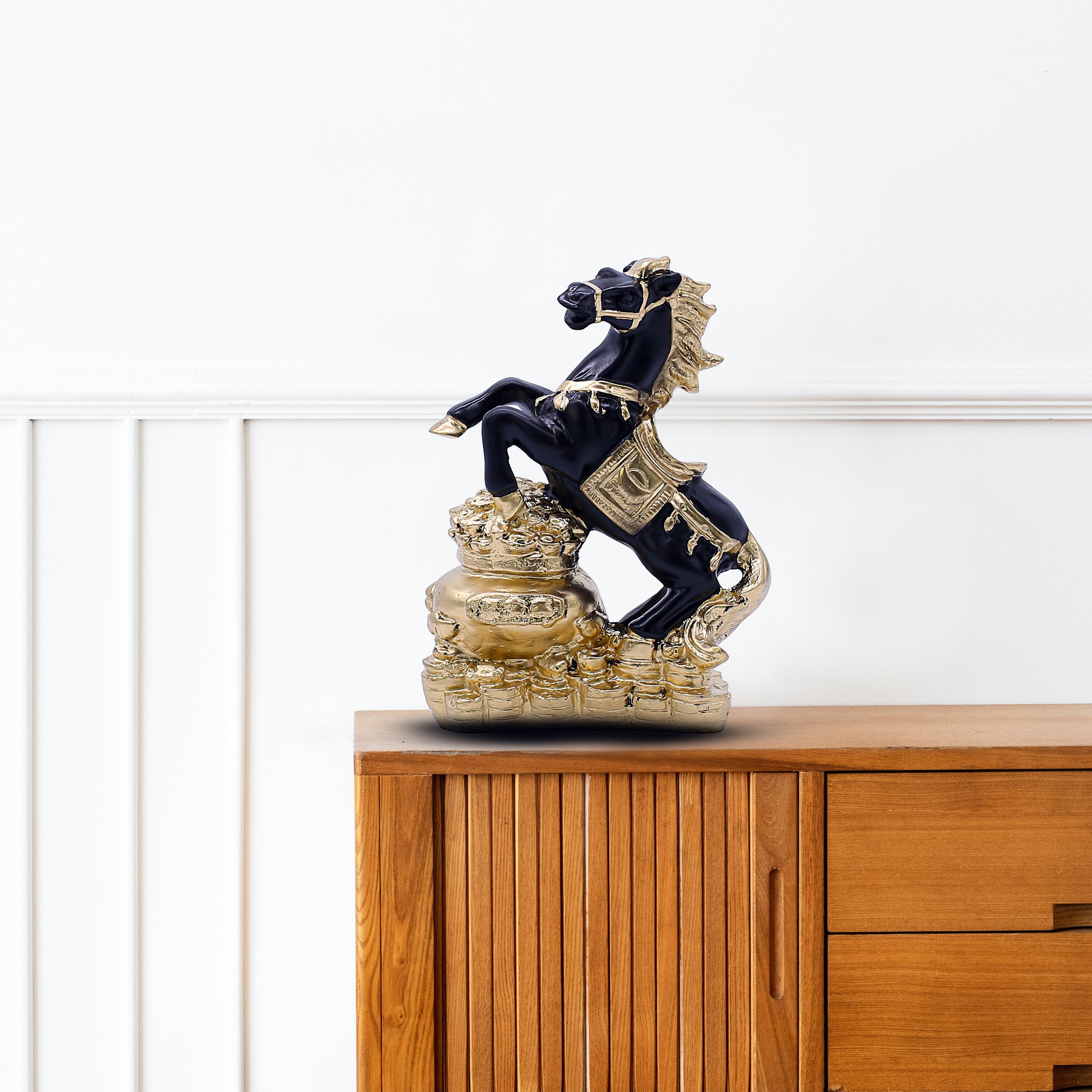 Feng Shui Black and Gold Horse Statue ? Wealth Success Galloping Horse Figurine on Treasure Pot, Decorative Stallion Sculpture for Home Office Desk or Business Prosperity Gift