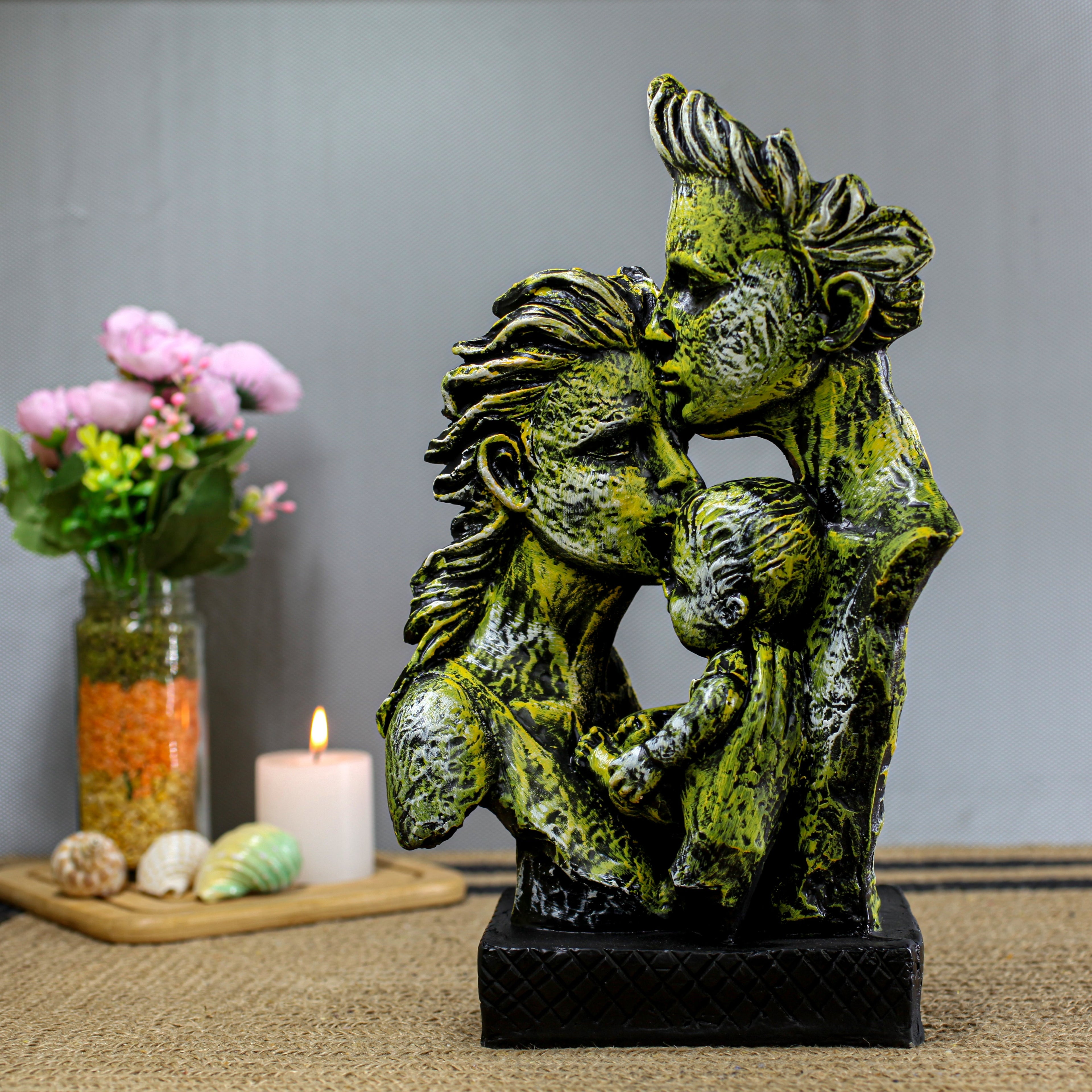 Abstract Family Figure Sculpture ? Modern Mother and Children Art Statue ? Elegant Bronze & Emerald Green Tabletop Decor ? Symbol of Love & Togetherness
