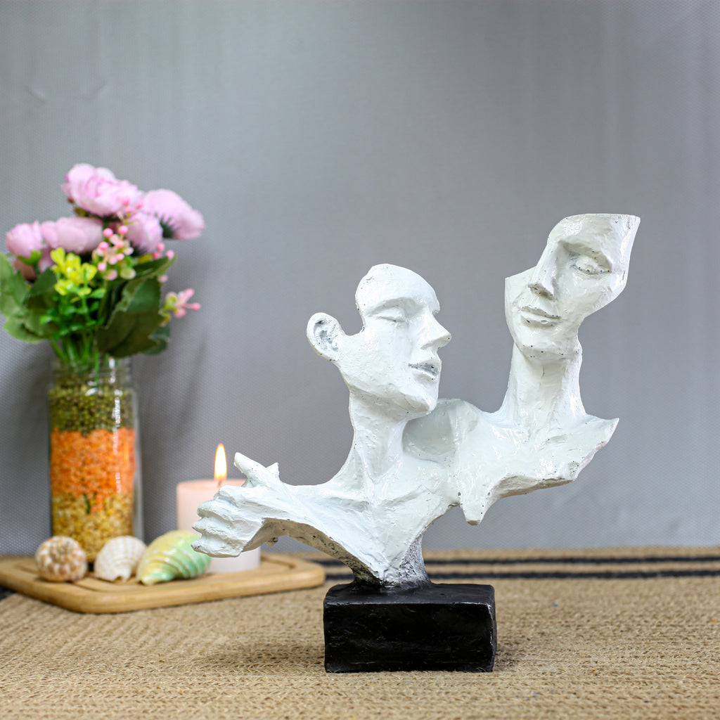 Abstract Double Face Sculpture | Modern White Artistic Showpiece | Polyresin Figurine for Home Decor, Living Room Shelf & Office Table