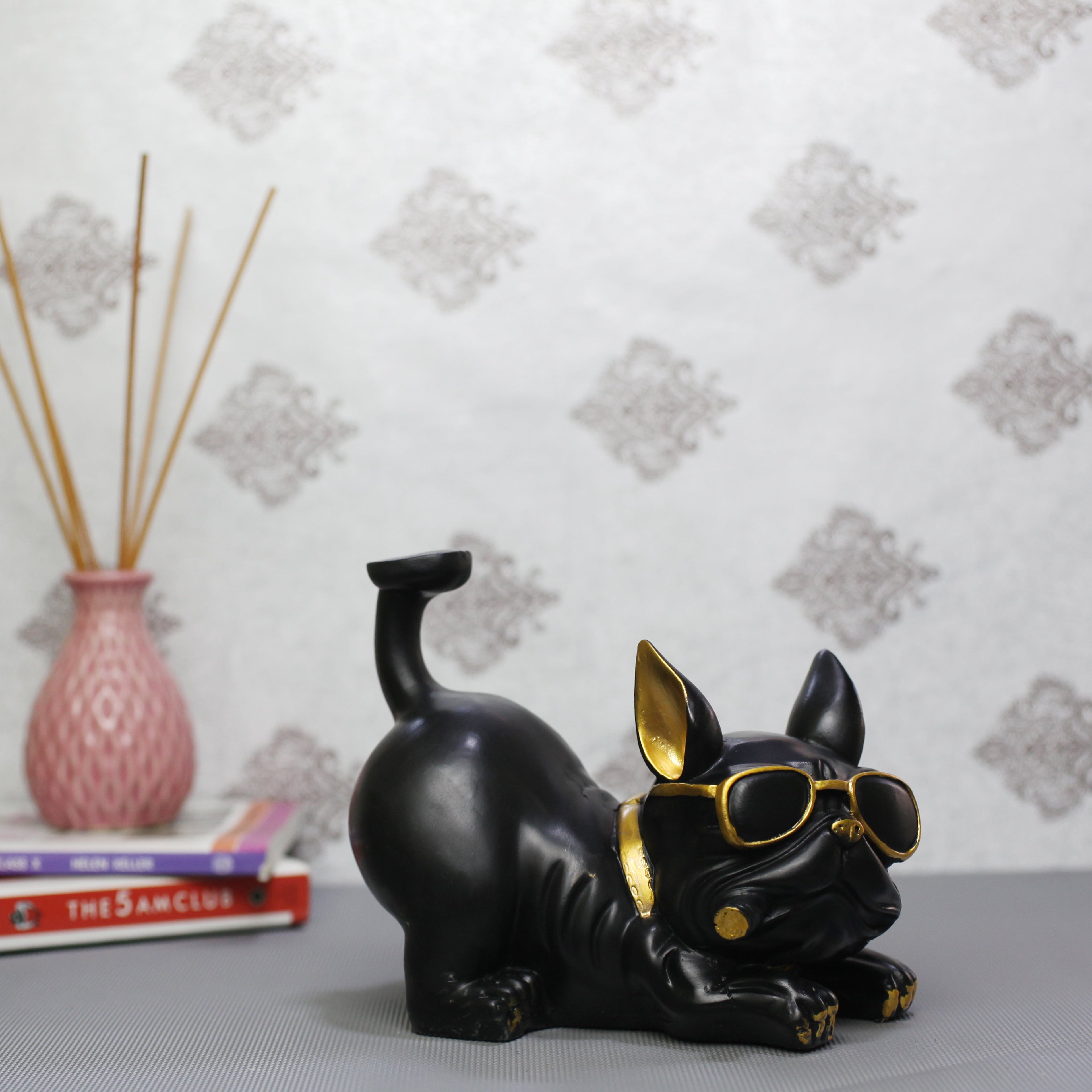French Bulldog Gentleman Figurine - Decorative Black Dog Statue with Tray & Umbrella for Home Decor, Living Room, Office Desk & Gifting - 10-Inch Handcrafted Resin Art