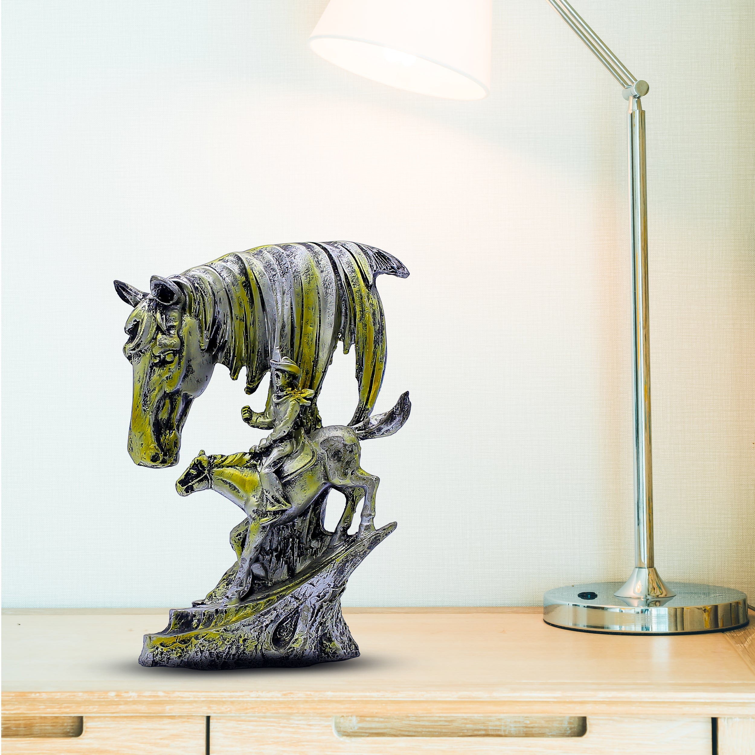 Handcrafted Horse Head Rider Showpiece for Home Dcor | Antique Gold & Silver Finish Polyresin Sculpture | Tabletop Decorative Figurine for Living Room & Gift