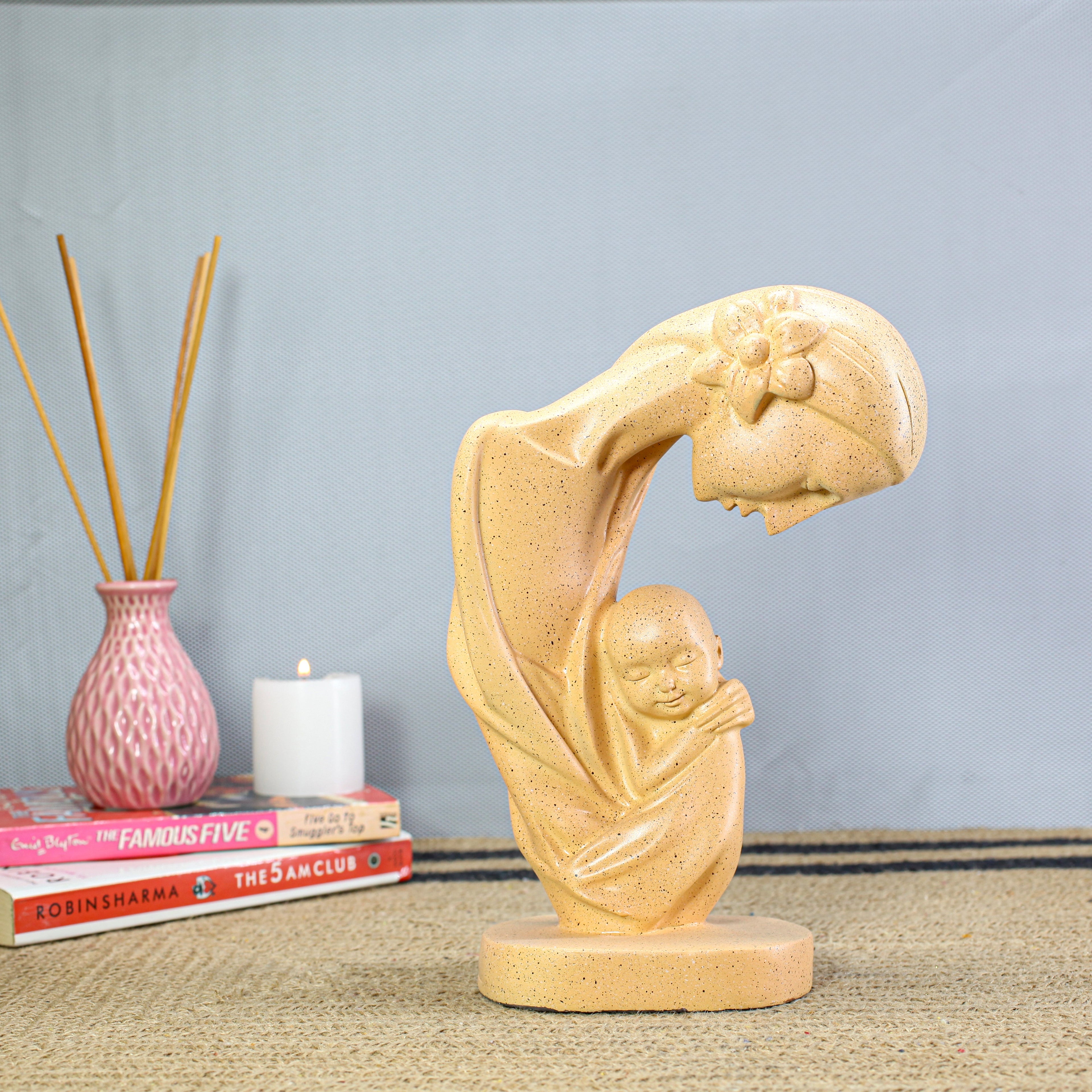 Divine Mother and Child Sculpture | Loving Embrace Showpiece | Yellow Polyresin Figurine for Home Decor, Baby Room & Mother's Day Gifting