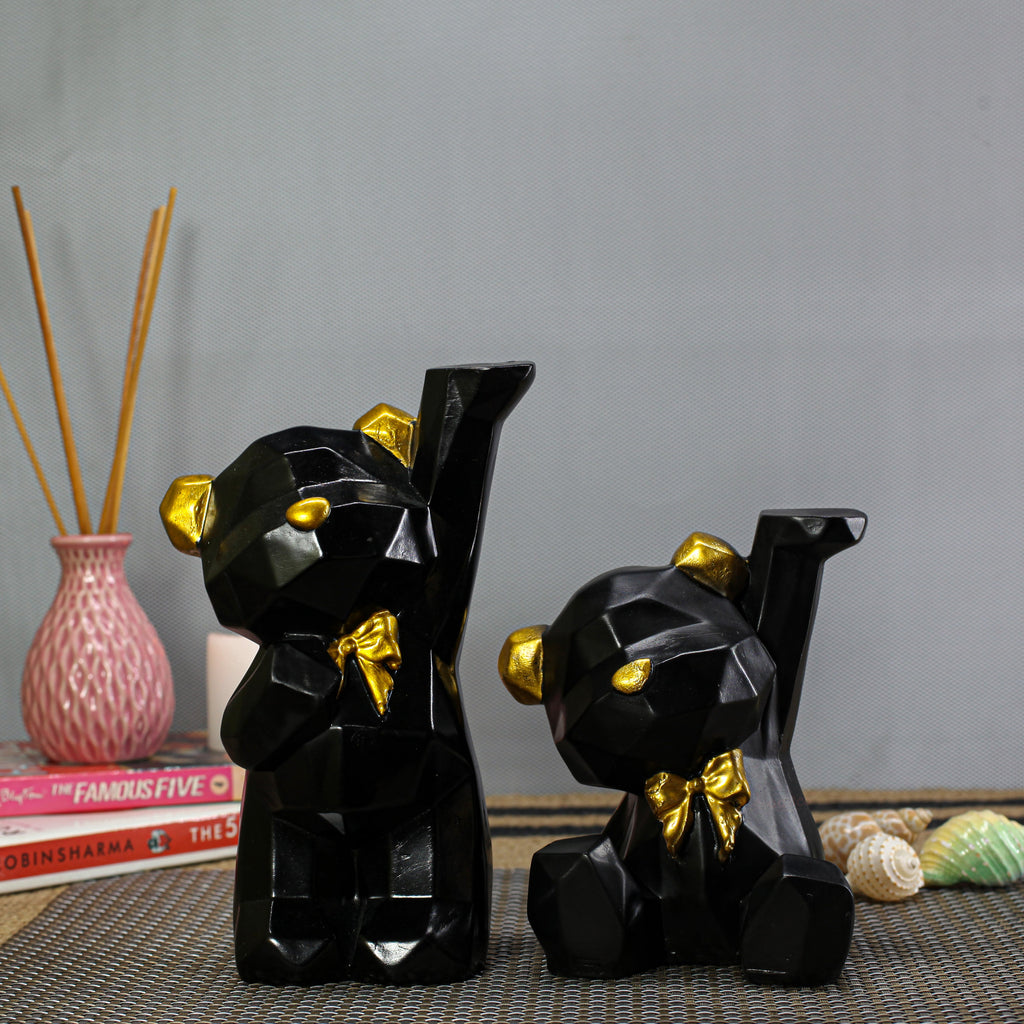 Modern Geometric Black and Gold Bear Figurines ? Set of 2 Faceted Resin Bear Statues, Nordic Style Origami Animal Sculptures for Home Decor, Bookshelf, Office, or Living Room Accents
