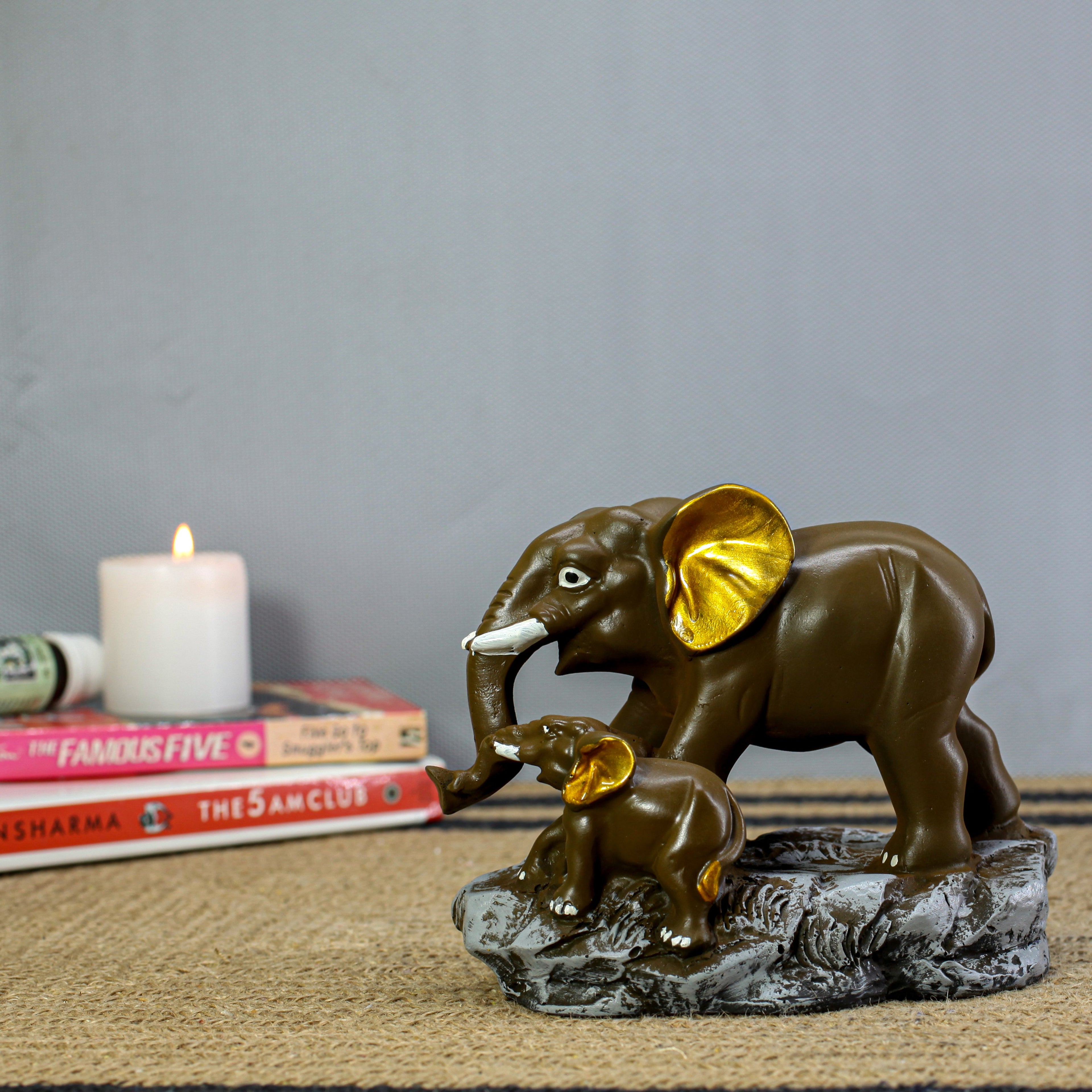 Elephant Mother & Baby Showpiece for Home Dcor | Brown & Gold Finish Polyresin Lucky Elephant Figurine | Tabletop Decorative Statue for Living Room, Of