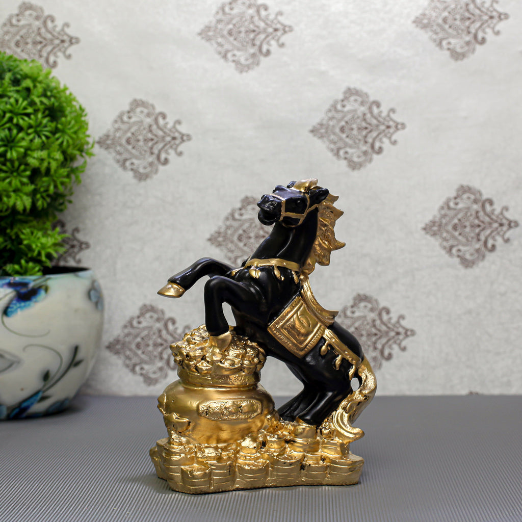 Feng Shui Black and Gold Horse Statue ? Wealth Success Galloping Horse Figurine on Treasure Pot, Decorative Stallion Sculpture for Home Office Desk or Business Prosperity Gift
