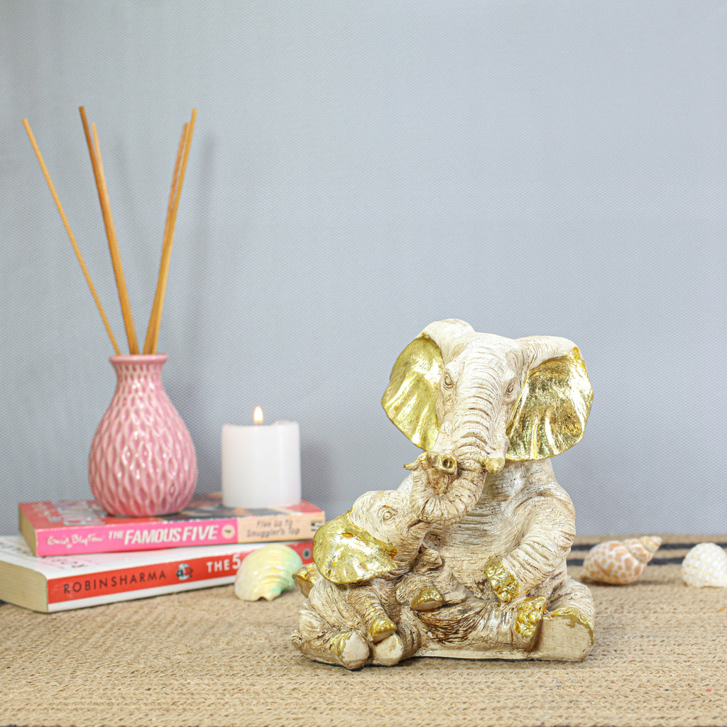 Handcrafted Elephant Mother & Baby Showpiece for Home Dcor | Antique White & Gold Finish Polyresin Figurine | Lucky Elephant Decorative Statue for Living Room, Office & Gif