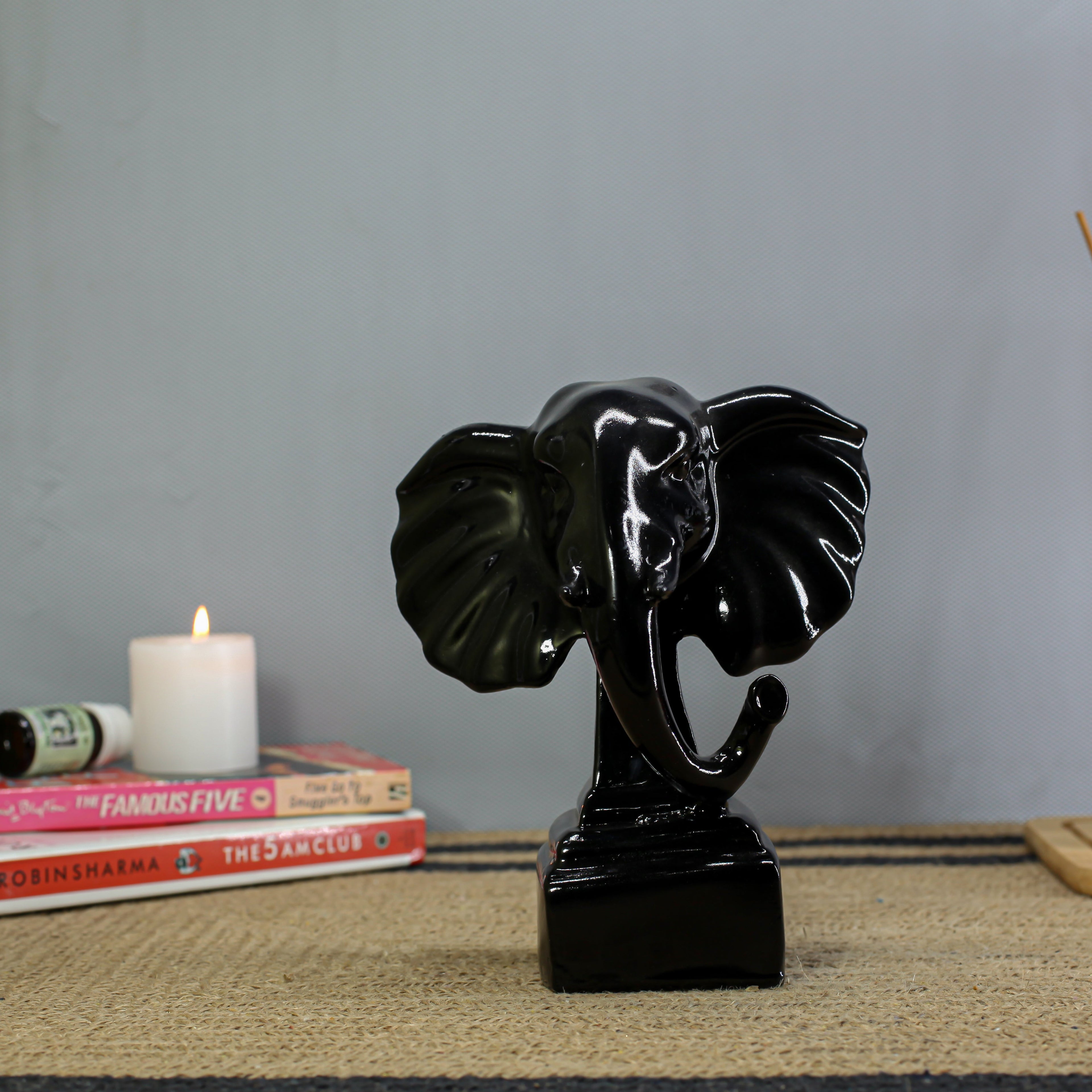 Elegant Black Elephant Showpiece for Home Dcor | Modern Glossy Polyresin Elephant Figurine with Raised Trunk | Tabletop Decorative Statue for Living Room, Office & Gift