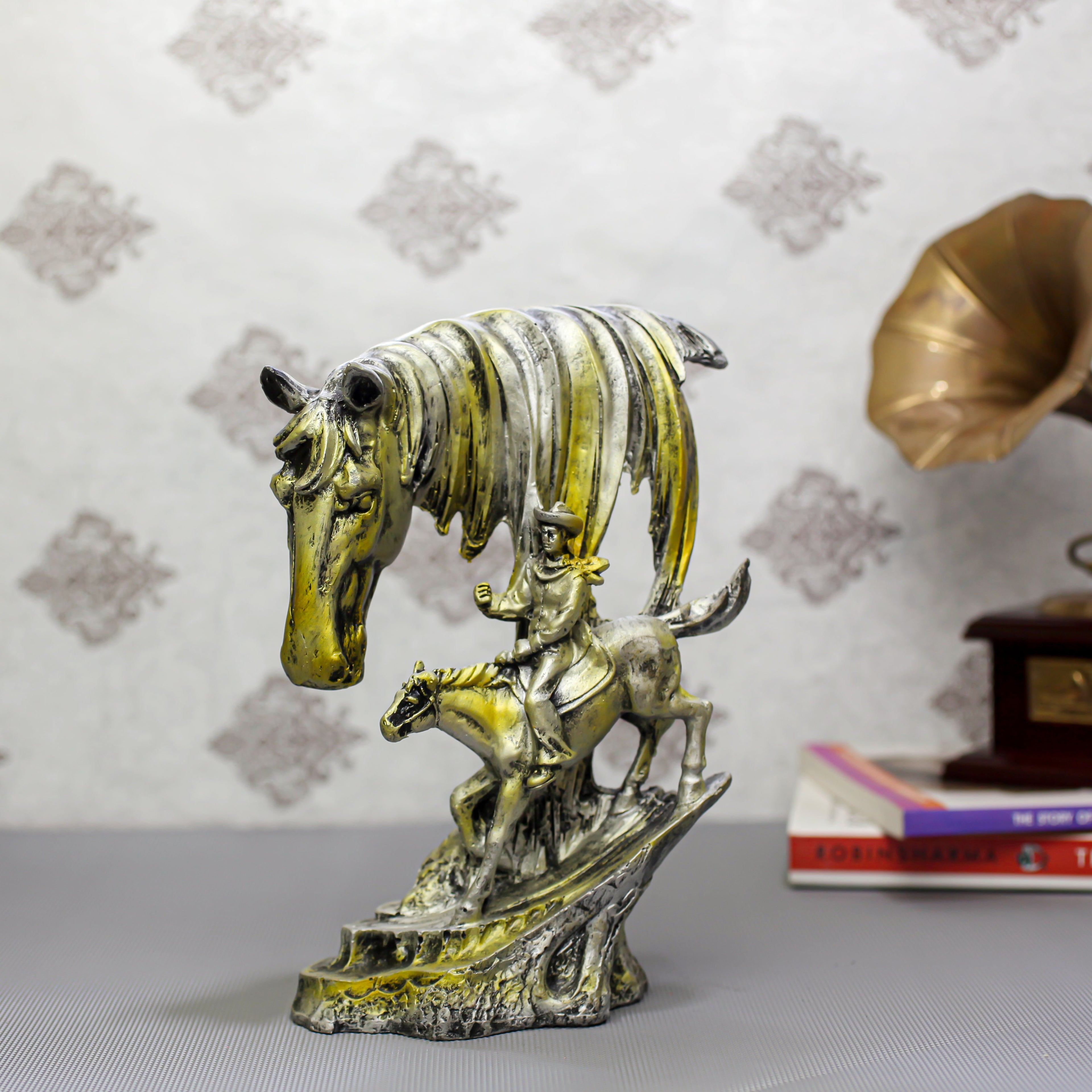 Handcrafted Horse Head Rider Showpiece for Home Dcor | Antique Gold & Silver Finish Polyresin Sculpture | Tabletop Decorative Figurine for Living Room & Gift