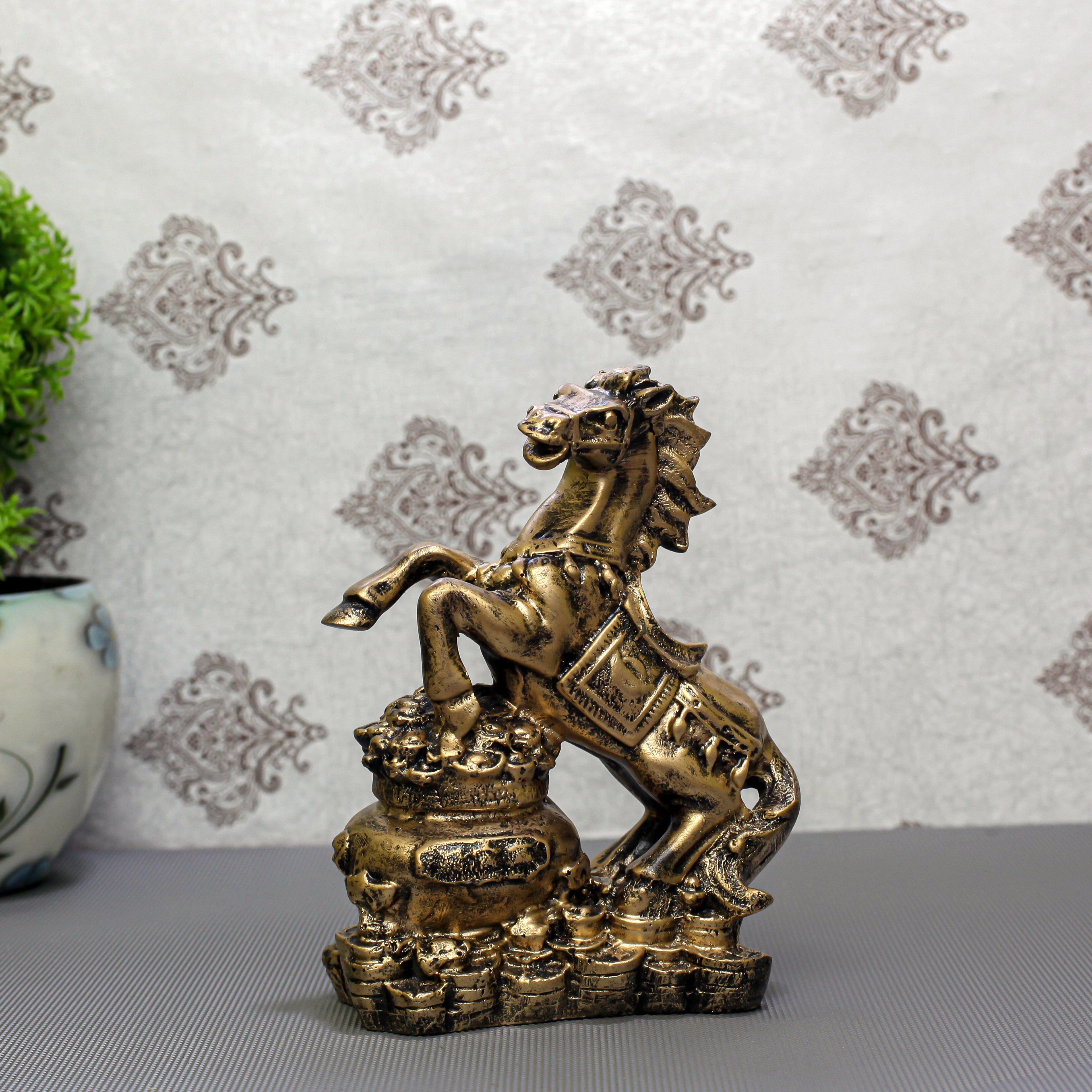 Feng Shui Gold Horse Statue ? Wealth Success Galloping Horse Figurine on Treasure Pot, Decorative Stallion Sculpture for Home Office Desk or Business Prosperity Gift